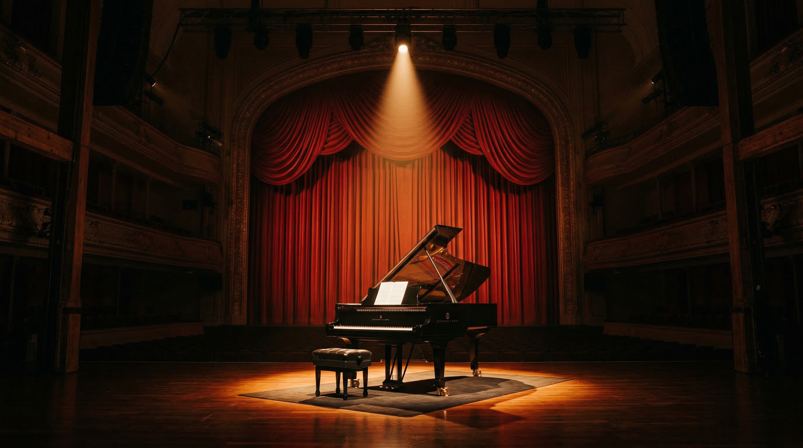 Grand piano in a concert hall with soft spotlight and emotional atmospheric lighting
