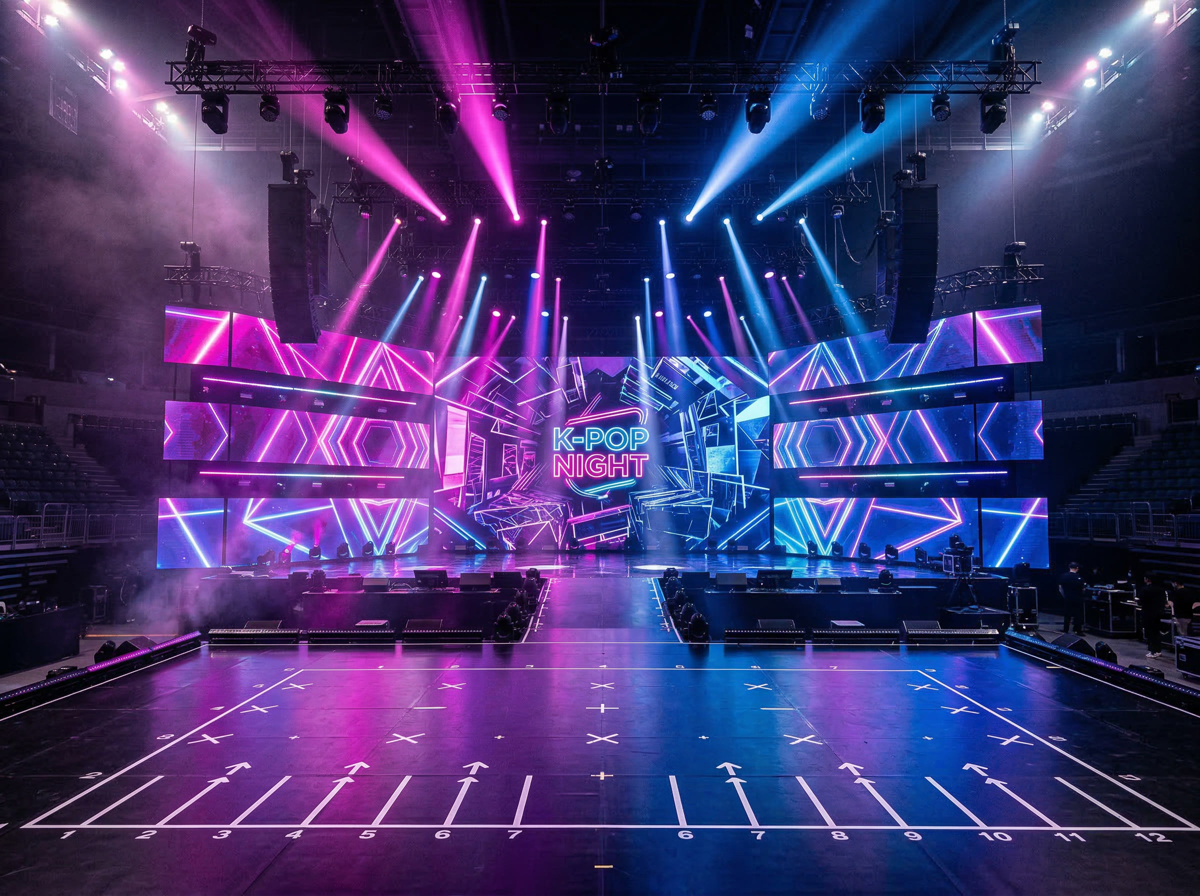 K-pop stage with dynamic lighting, LED screens, and choreography-ready performance space
