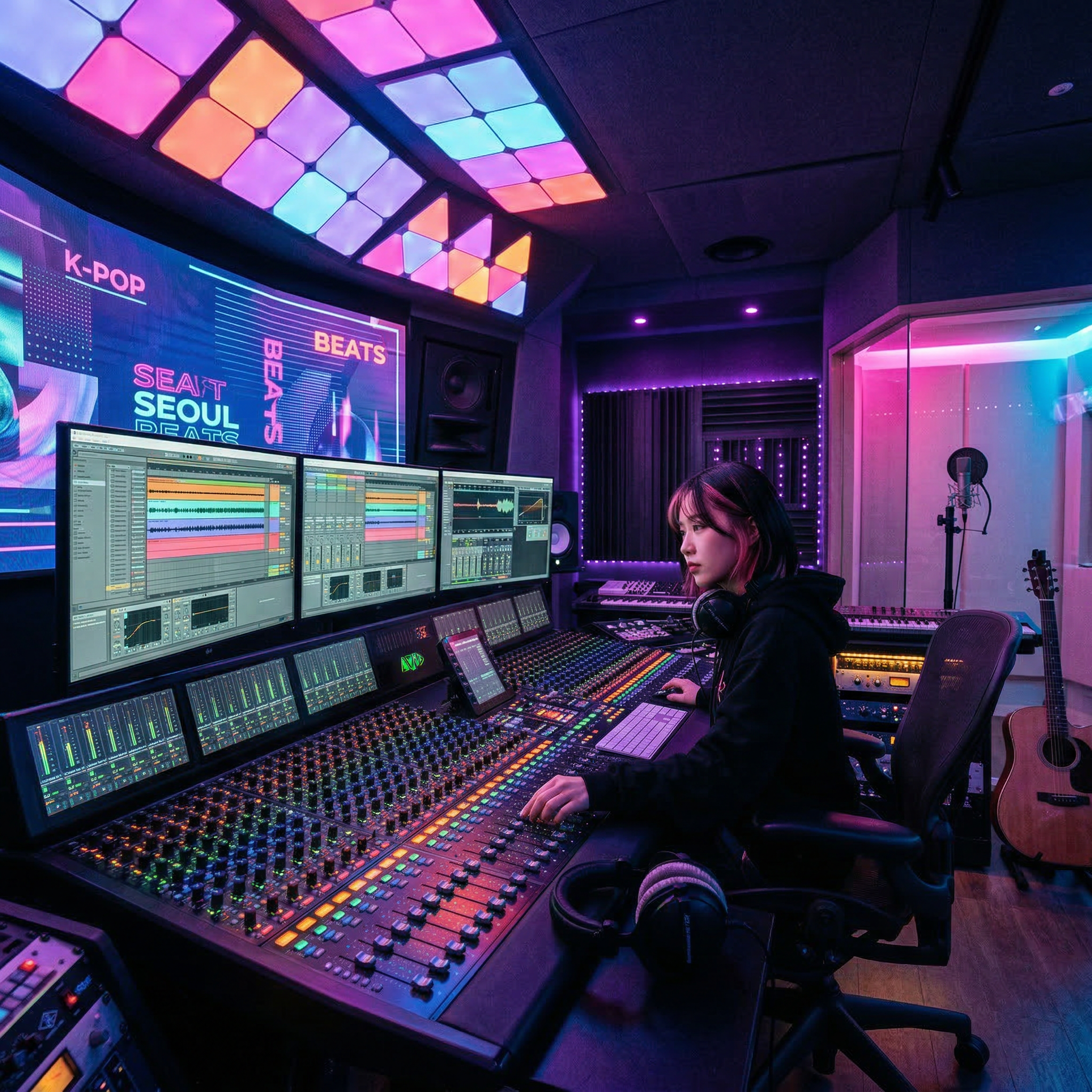 K-pop music production studio with colorful LED lights, mixing console, and layered vocal tracks on screen