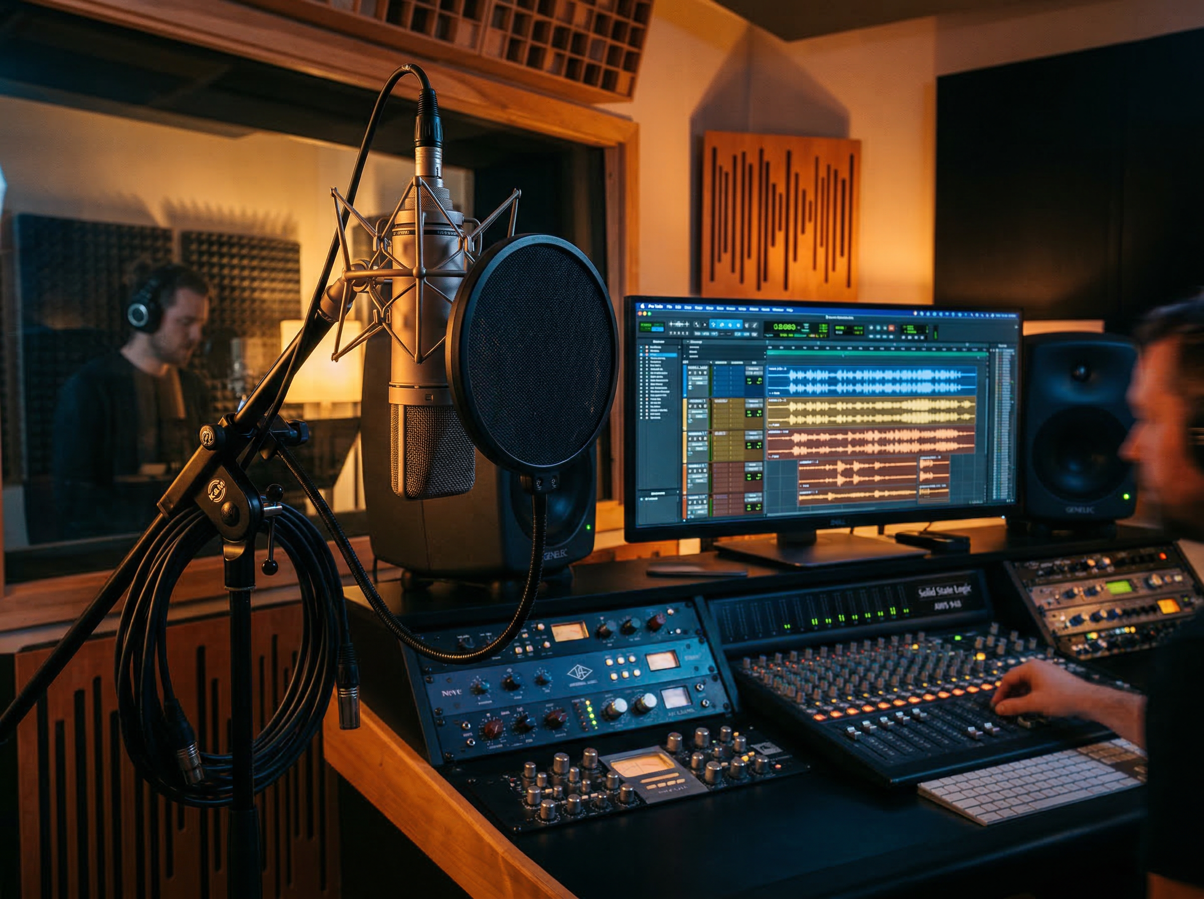 Recording studio microphone with pop filter and multiple vocal track waveforms displayed on monitors