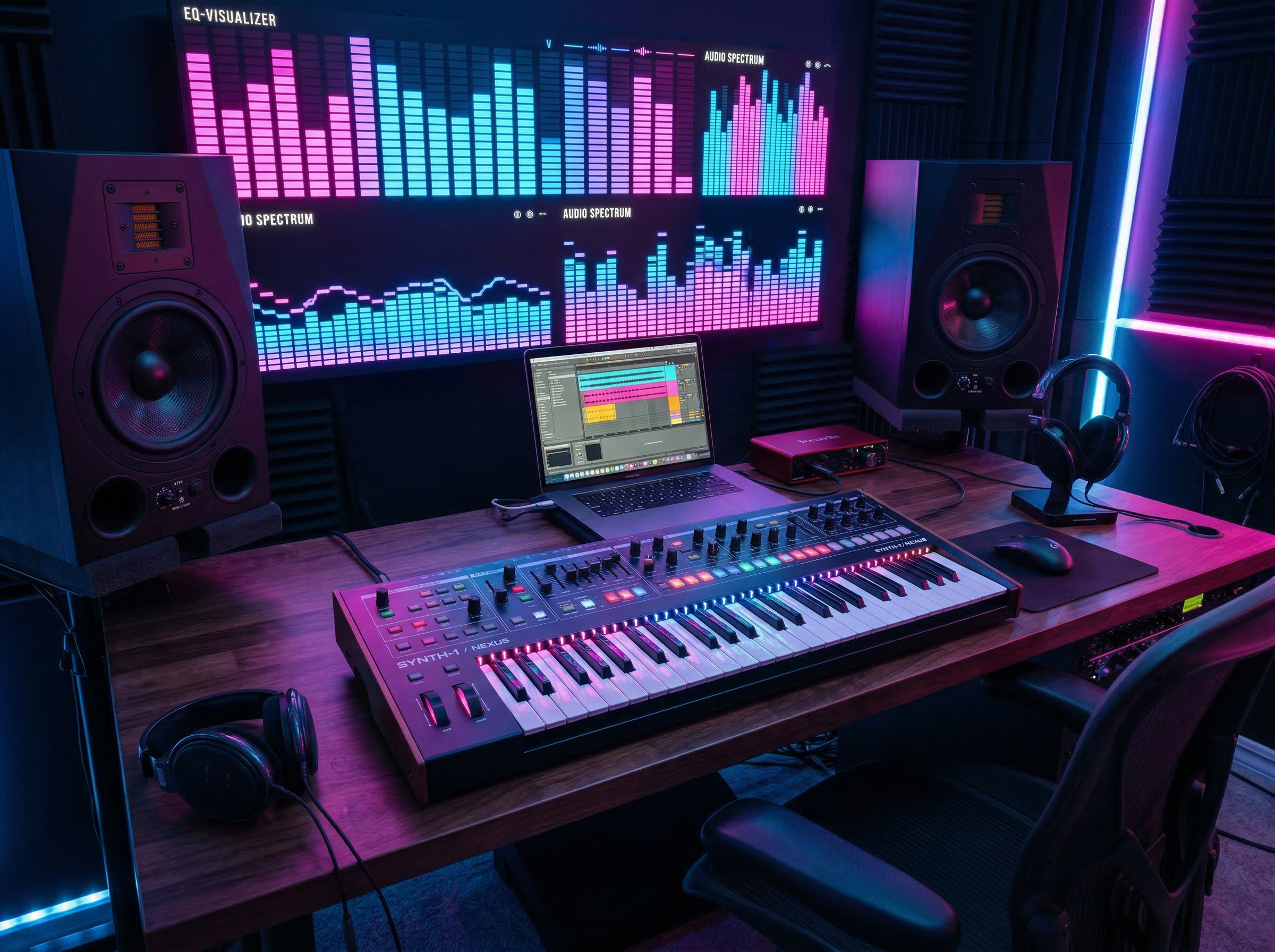 Close-up of a synthesizer keyboard with colorful LED lights and equalizer visualization in the background
