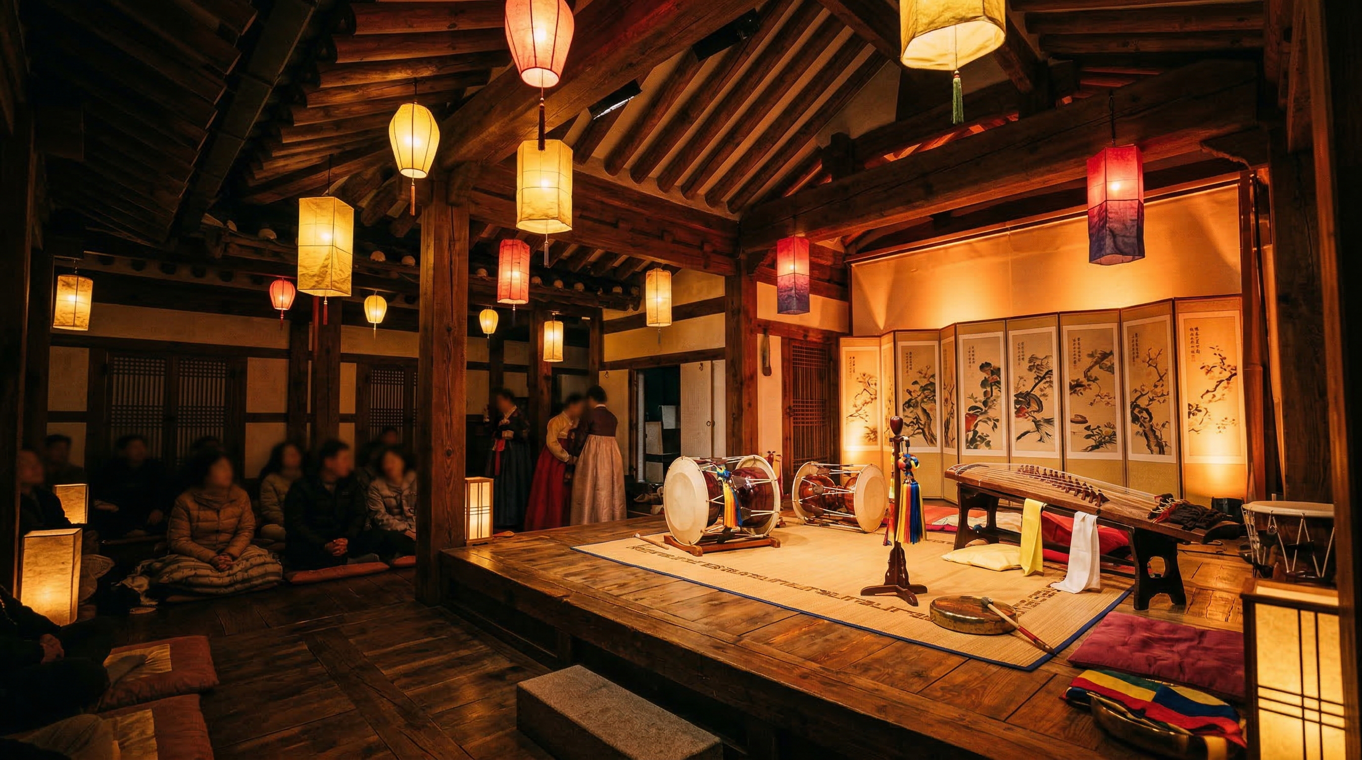 Traditional Korean performance venue with warm lighting and retro musical atmosphere