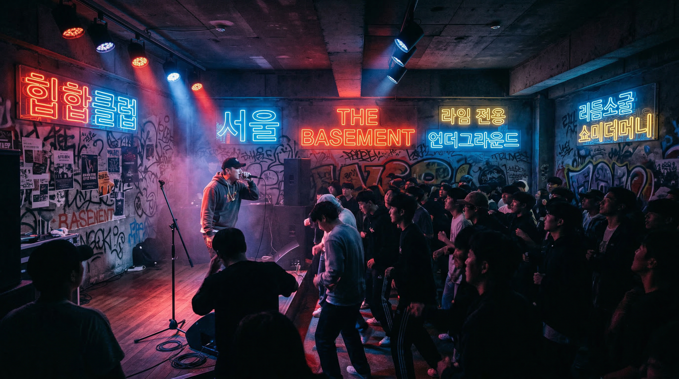 Underground hip-hop stage in Seoul with neon lights and rap performance atmosphere