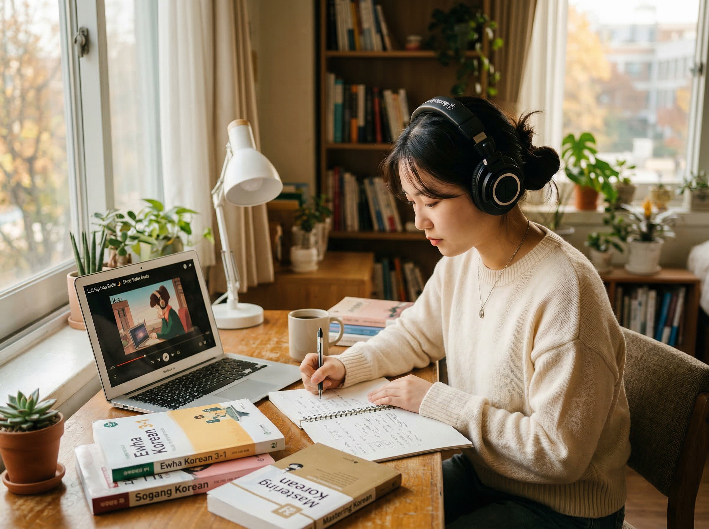 Student studying with headphones in a cozy room surrounded by Korean language textbooks and a laptop