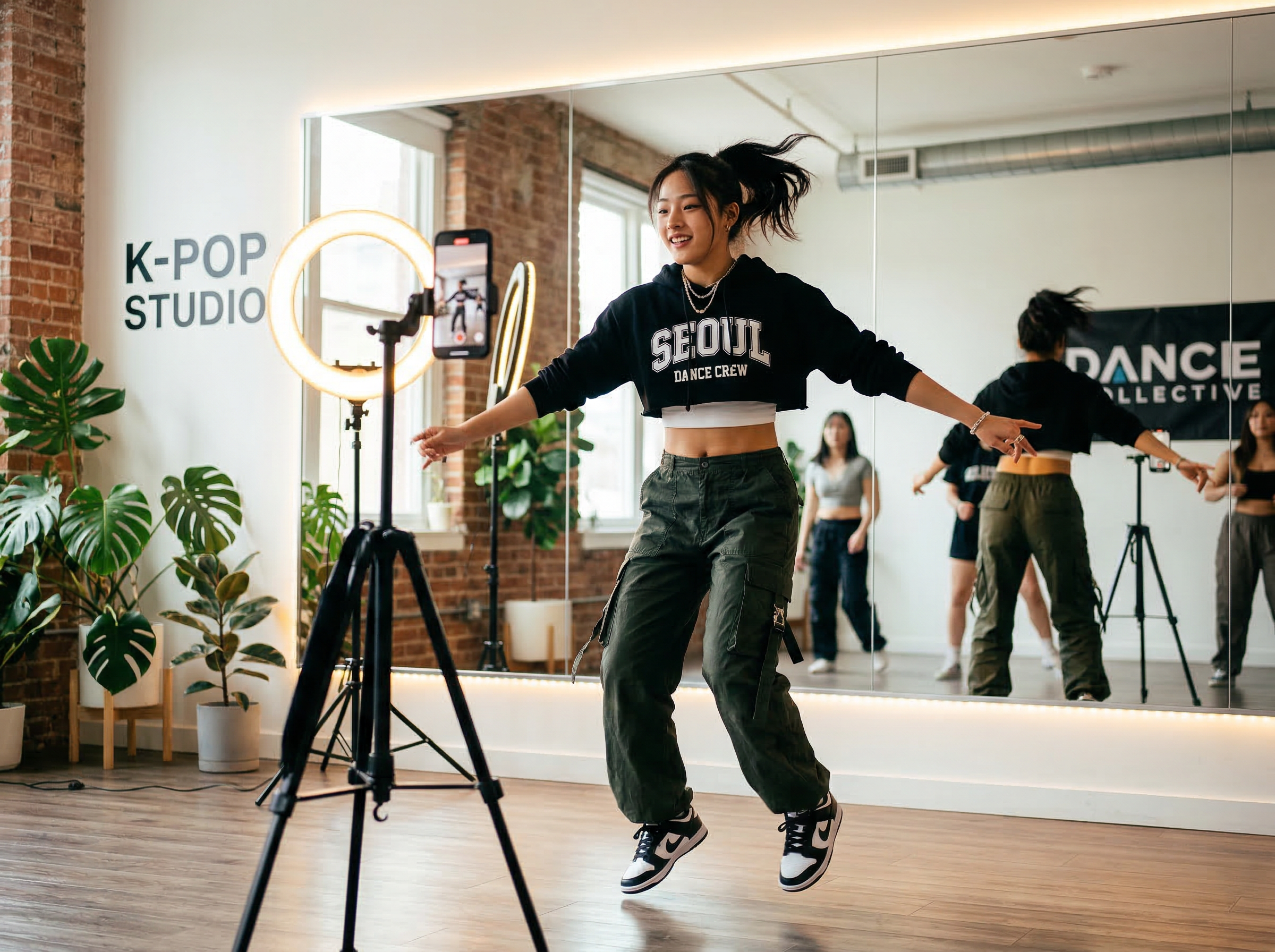 Young content creator filming a K-pop dance cover in a studio with ring light and smartphone