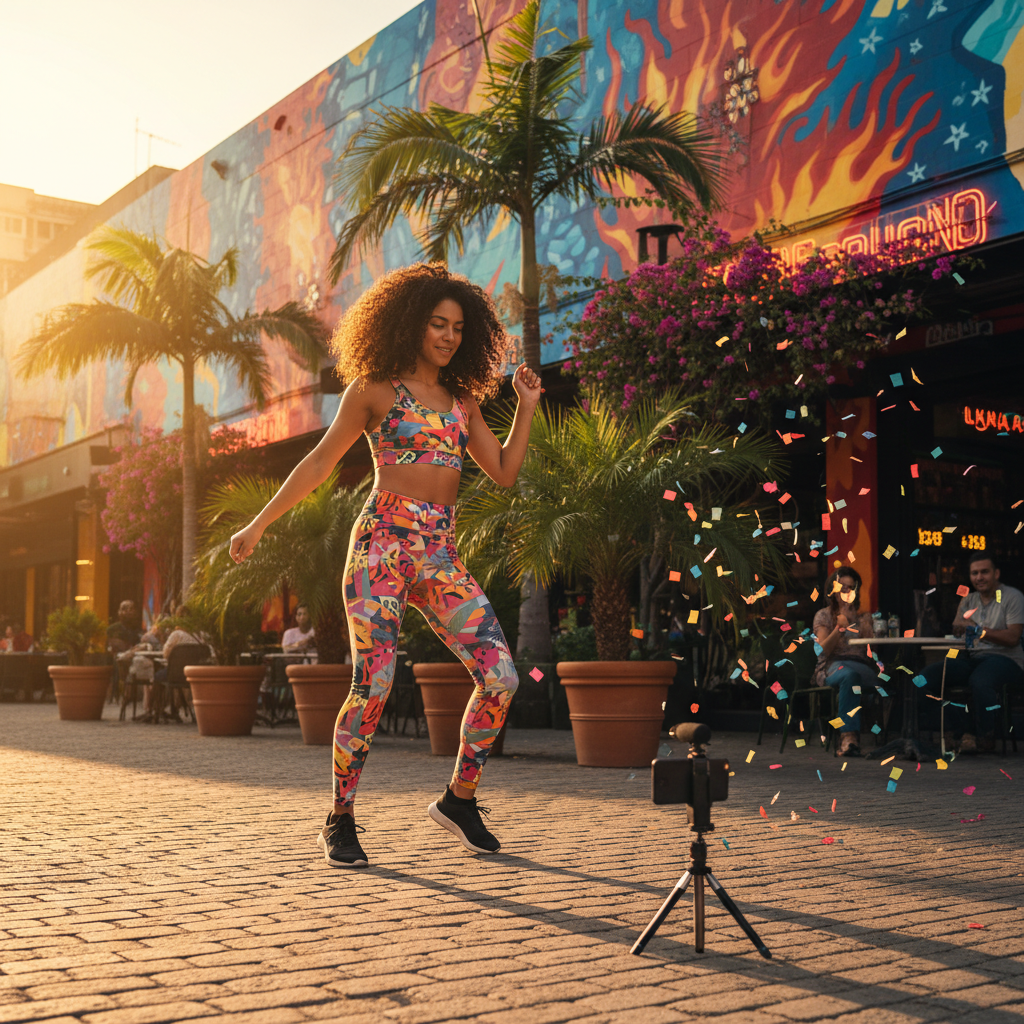 Content creator filming a dance video with vibrant Latin music playing in a colorful urban setting