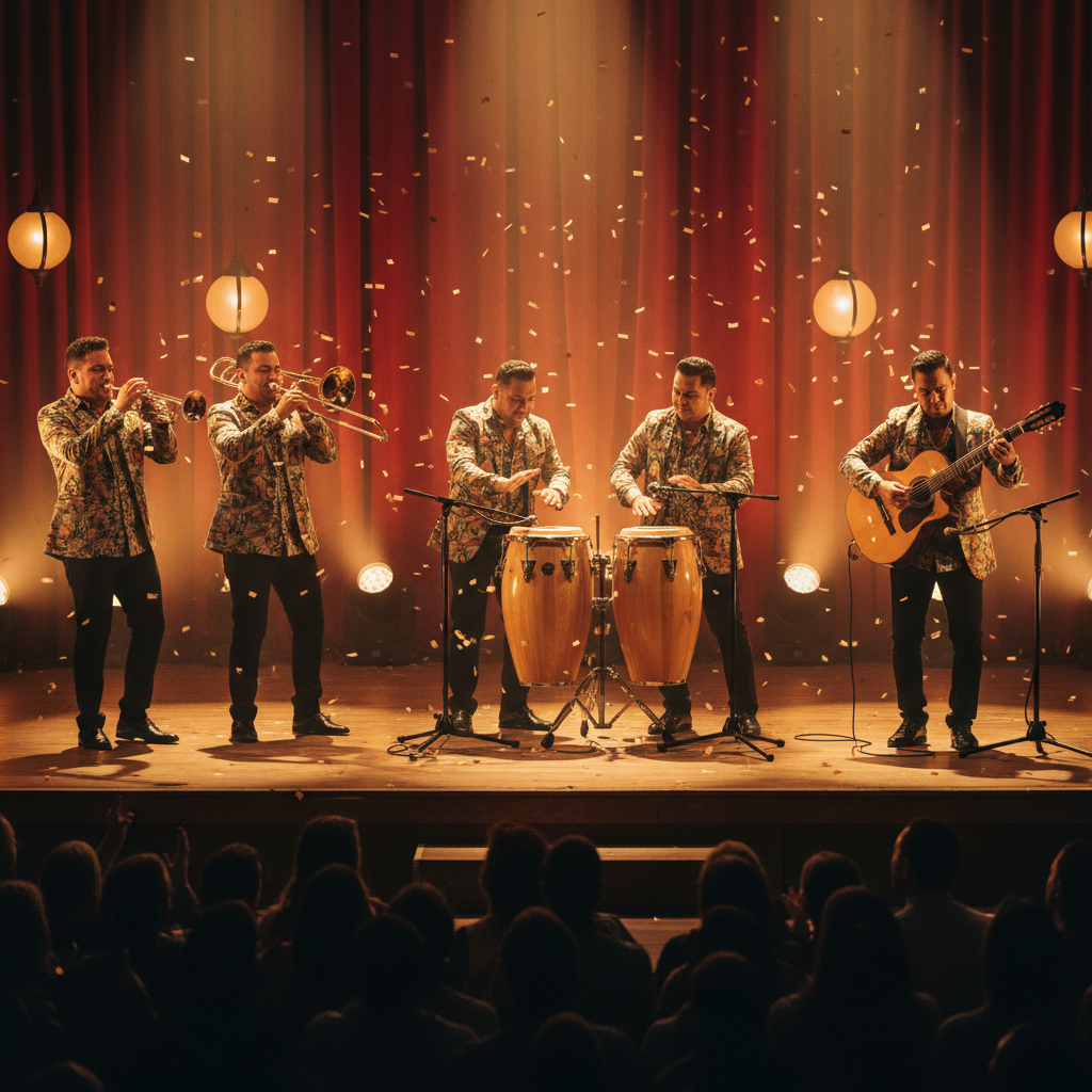 Latin musicians performing with congas, brass instruments, and guitar under warm stage lighting