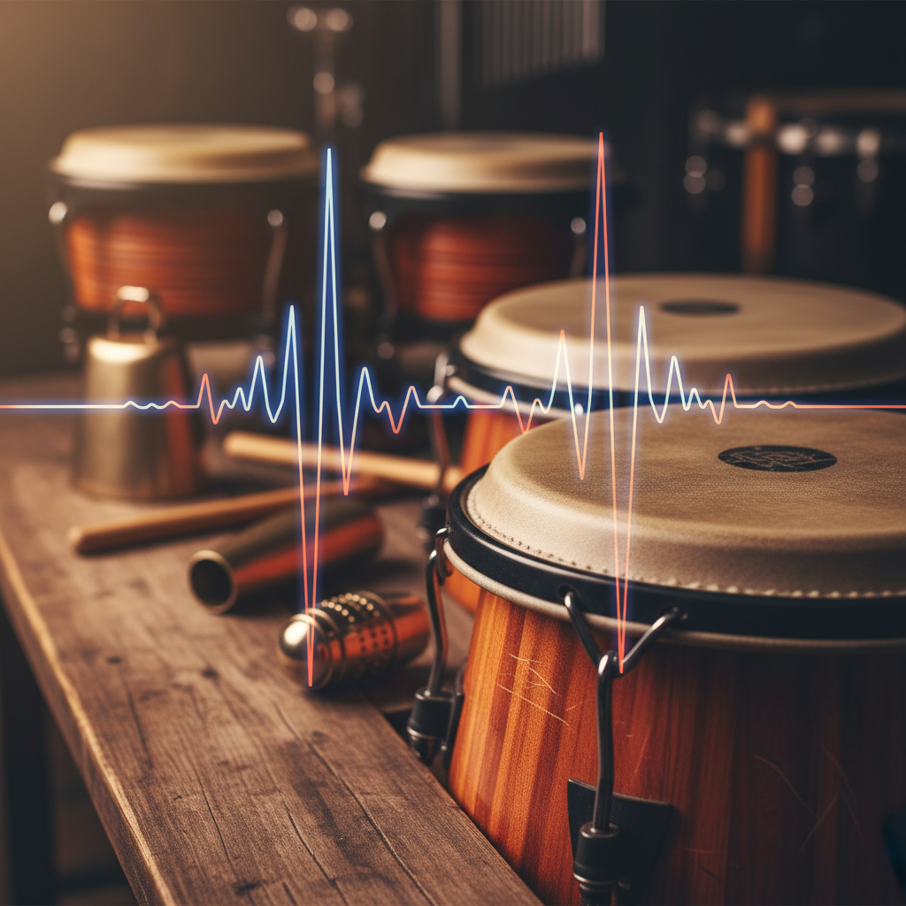Close-up of conga drums and percussion instruments with rhythmic waveform visualization
