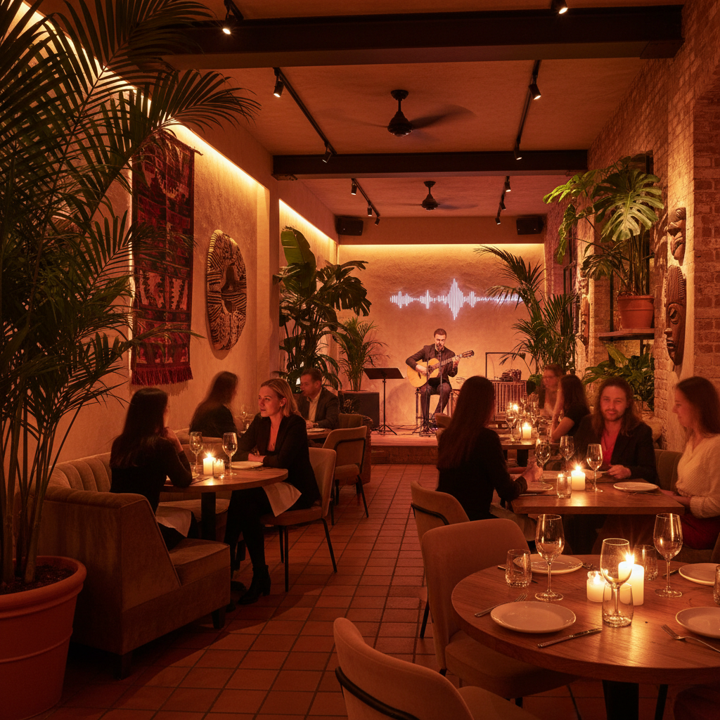 Elegant Latin restaurant with warm lighting and ambient music creating an inviting atmosphere