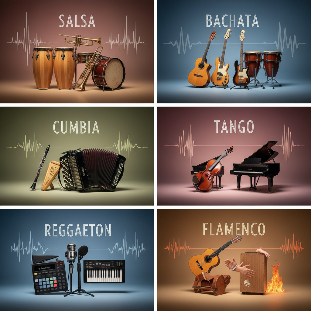 Grid showing different Latin music subgenres with their characteristic instruments and waveforms