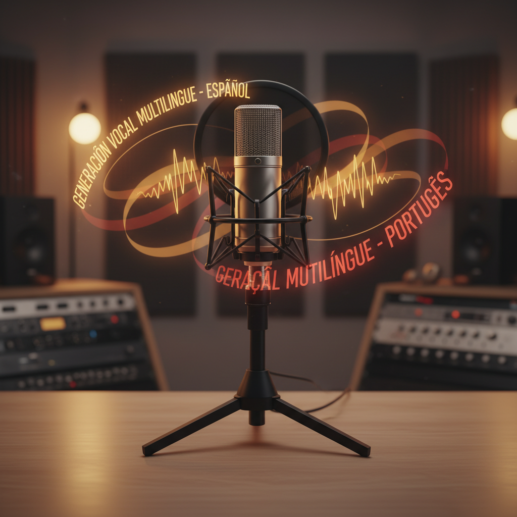 Microphone with Spanish and Portuguese text flowing around it representing multilingual vocal generation