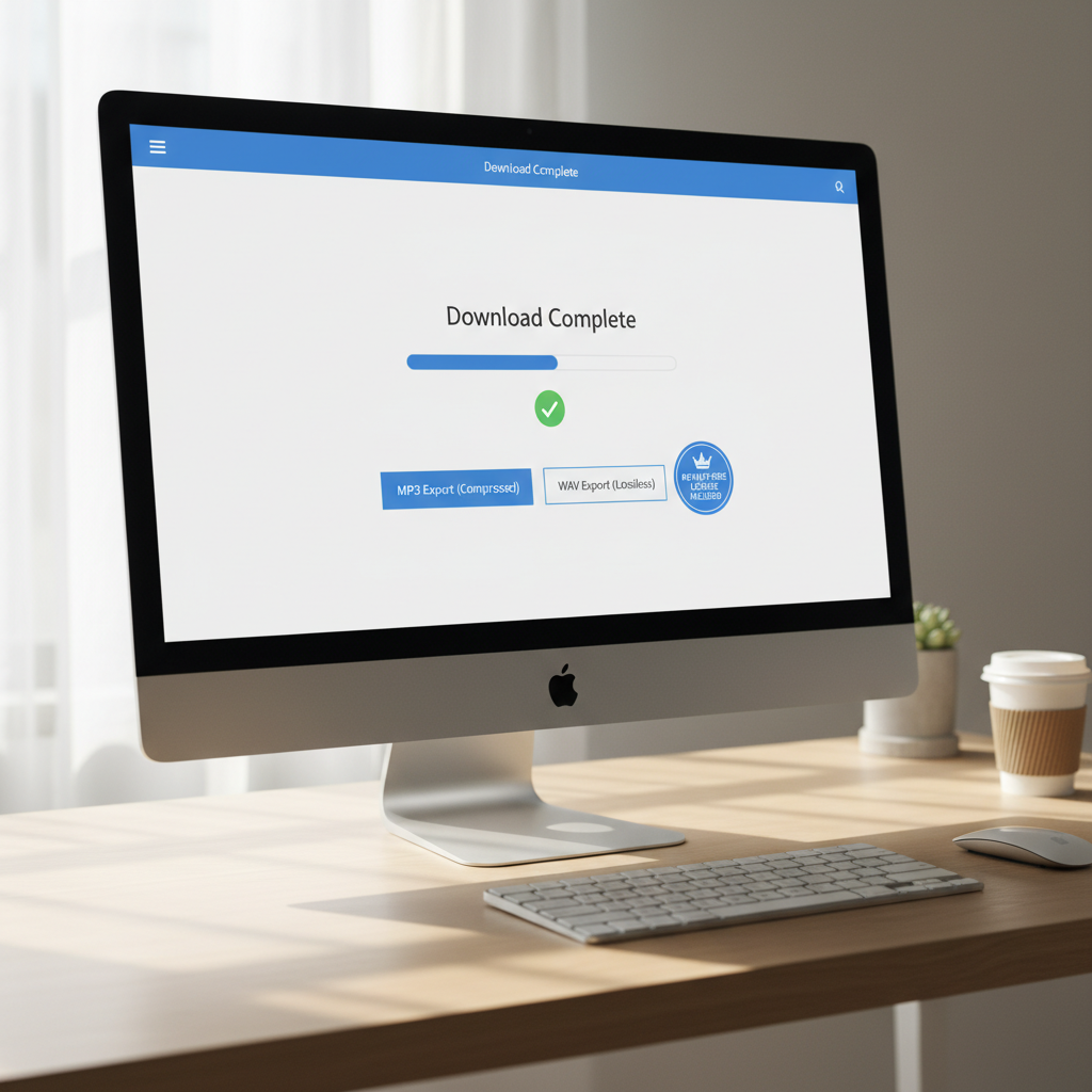 Download interface showing MP3 and WAV export options with a royalty-free license badge