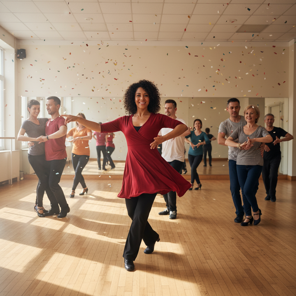 Dance instructor leading a Salsa class in a bright studio with mirrors and wooden floor