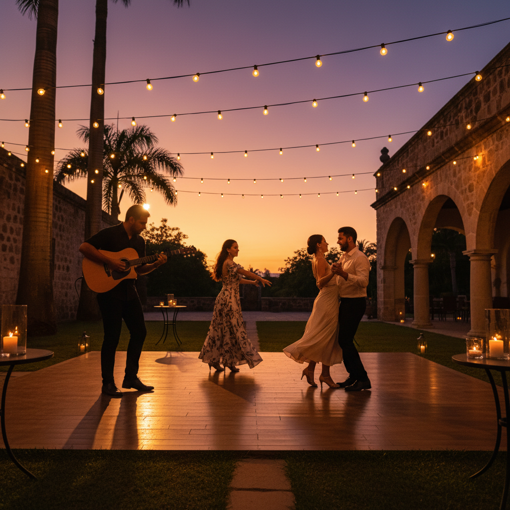 Romantic Bachata setting with a guitarist performing under string lights at dusk