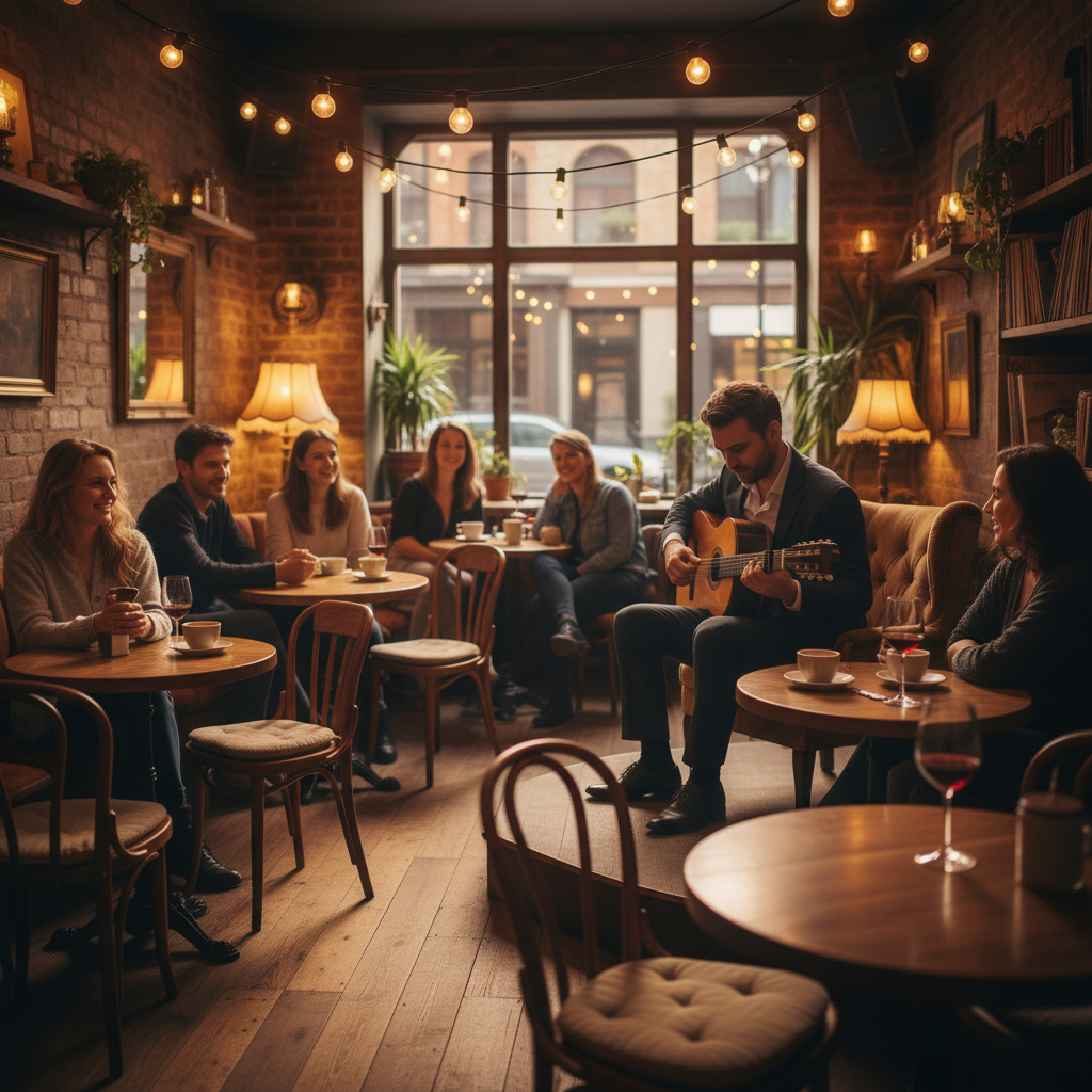 Intimate café setting with a guitarist performing Bossa Nova under soft amber lighting