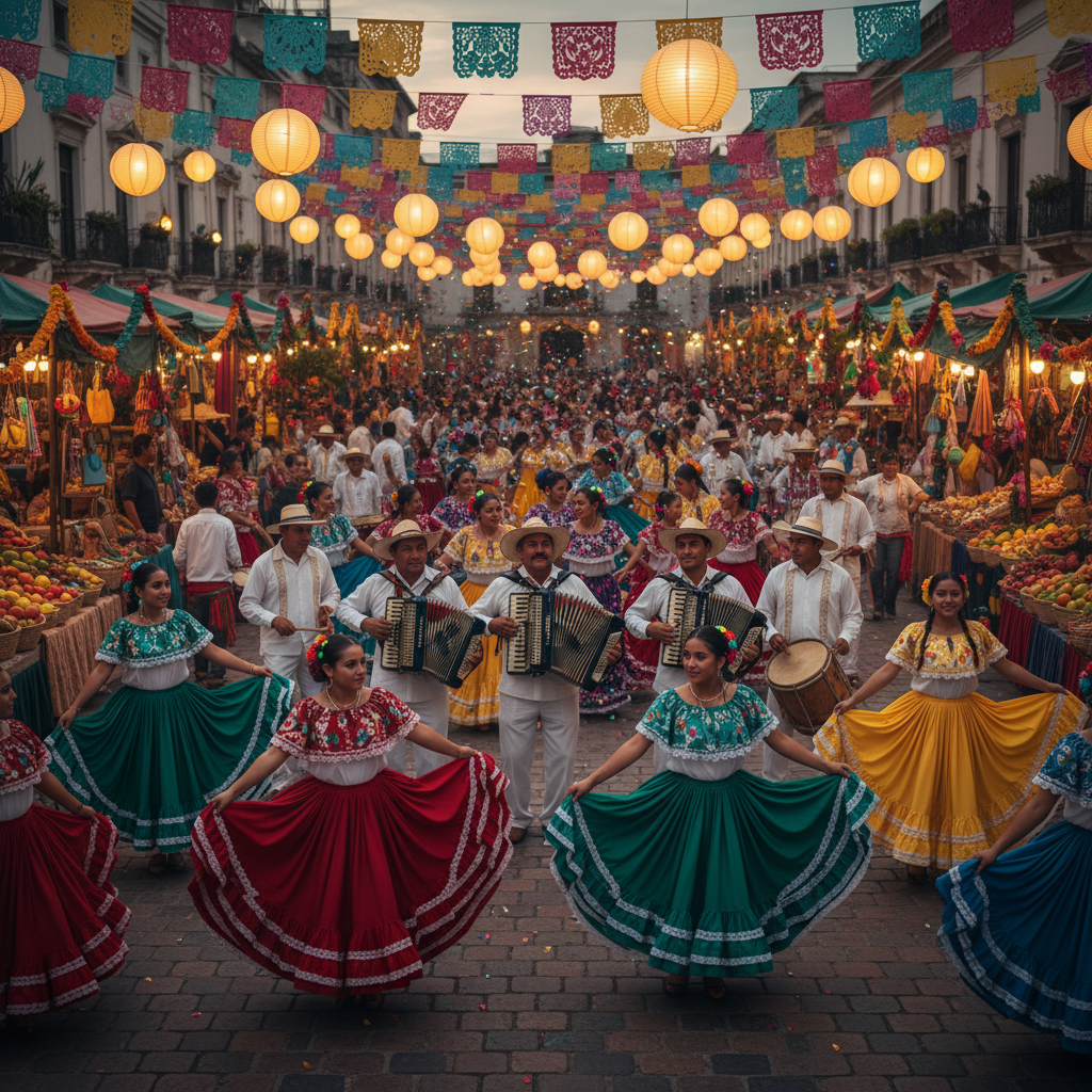 Festive outdoor Cumbia celebration with accordion players and colorful traditional dress