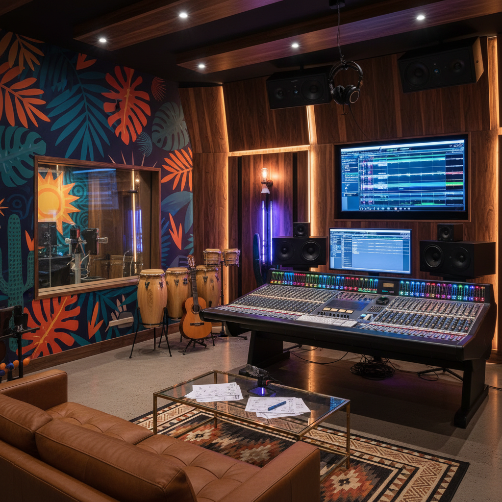 Modern pop studio with Latin-inspired visual elements and a polished radio-ready production setup
