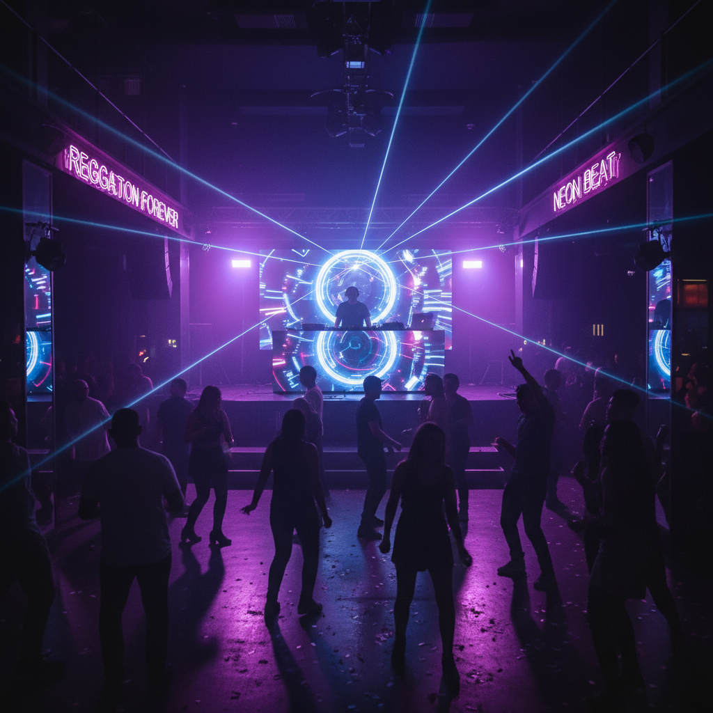 Neon-lit urban nightclub scene with DJ booth and Reggaeton energy on the dance floor