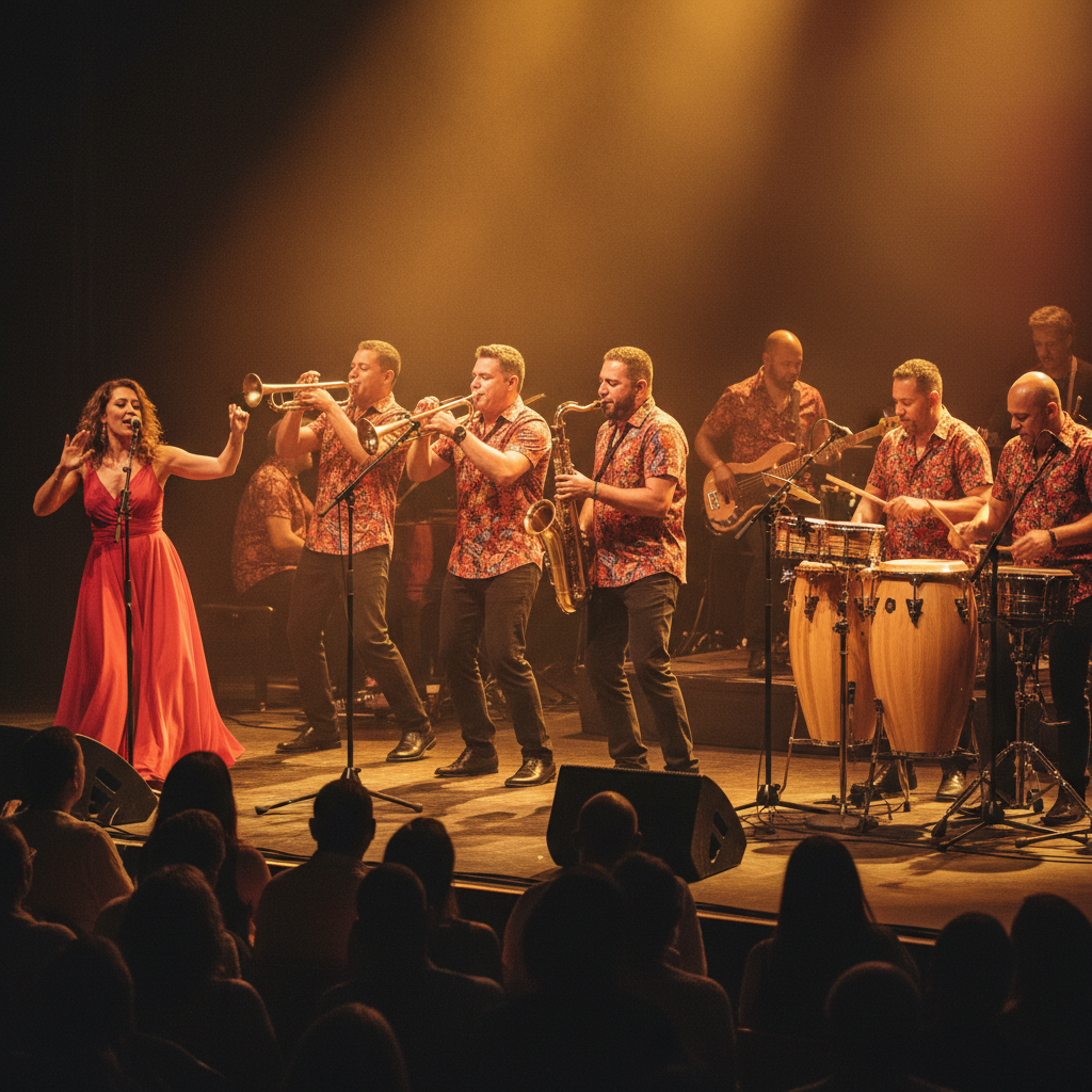 Salsa band performing with brass section and conga drums under warm golden stage lights