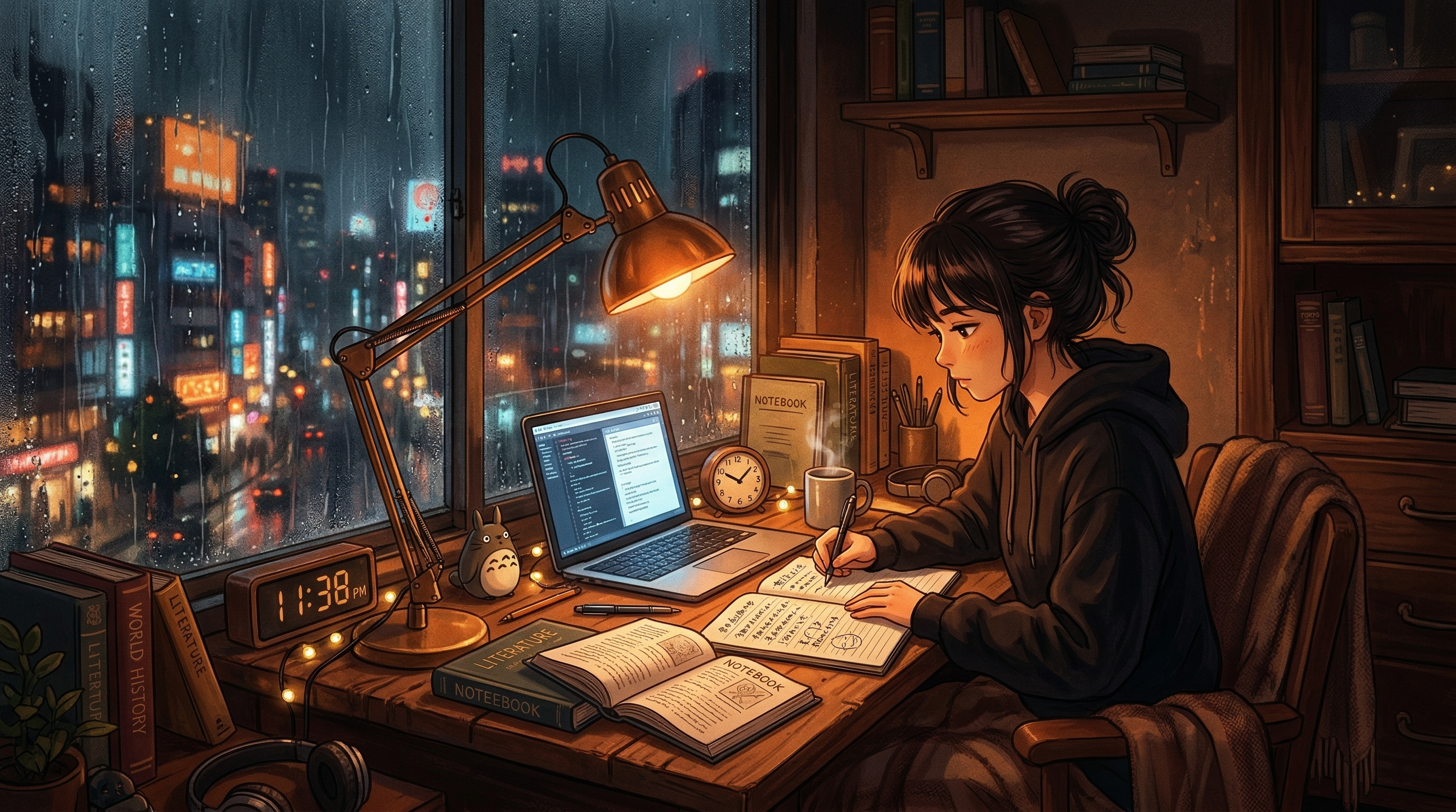 Anime-style illustration of a student studying at a desk beside a rainy window, warm lamp glowing, the classic lo-fi hip hop visual aesthetic