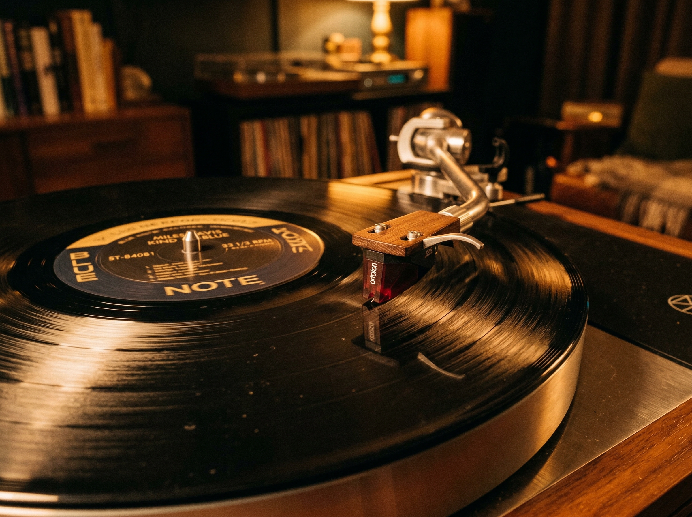 Close-up of a vinyl record playing on a turntable with warm amber lighting and visible record groove texture