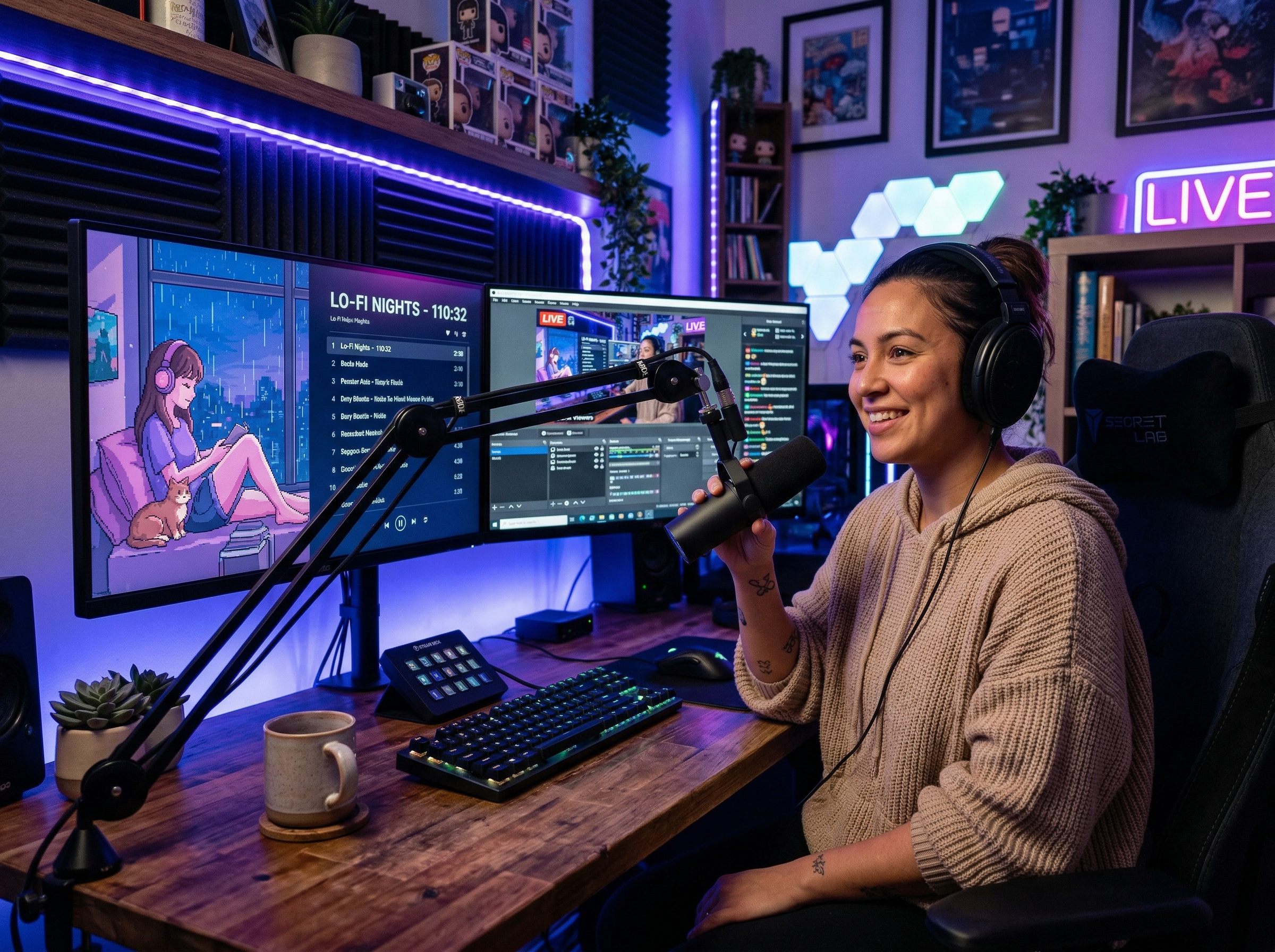 Content creator at a streaming setup with dual monitors showing a lo-fi study stream with animated anime-style scene