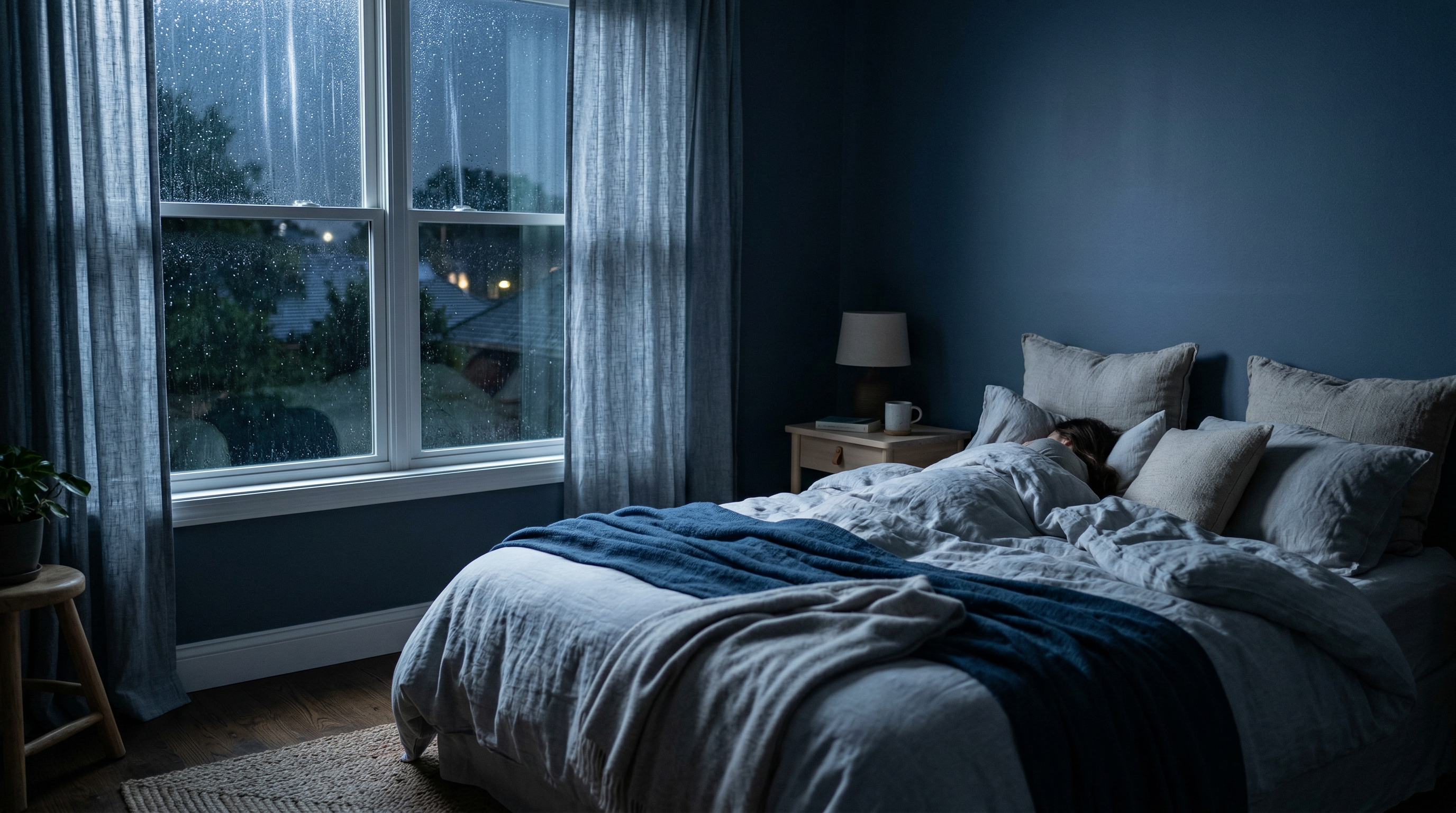 Cozy bedroom at night with soft moonlight through curtains, rain gently pattering on the window in the sleepy lo-fi aesthetic