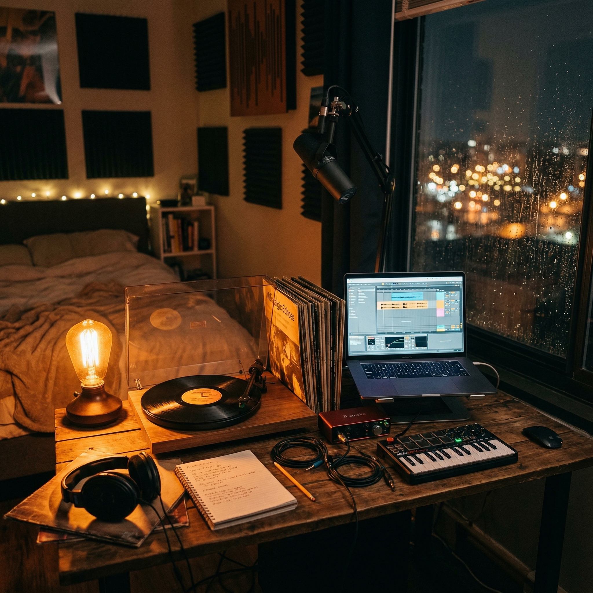 Cozy bedroom studio at night with warm desk lamp, vinyl record player, rain on window, and laptop showing lo-fi music production