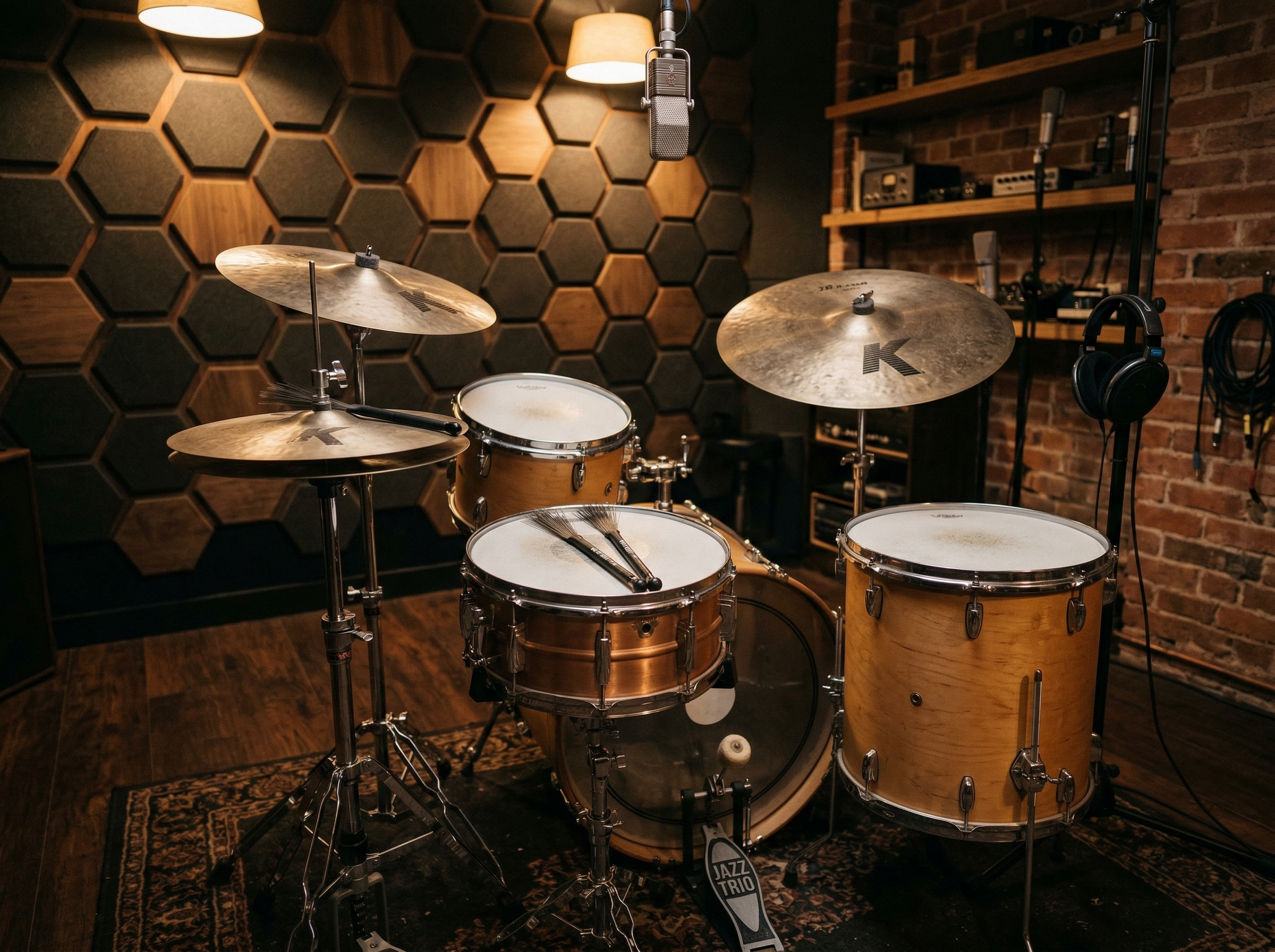 Jazz drum kit with brushed snare setup in a small recording studio with warm acoustic treatment panels