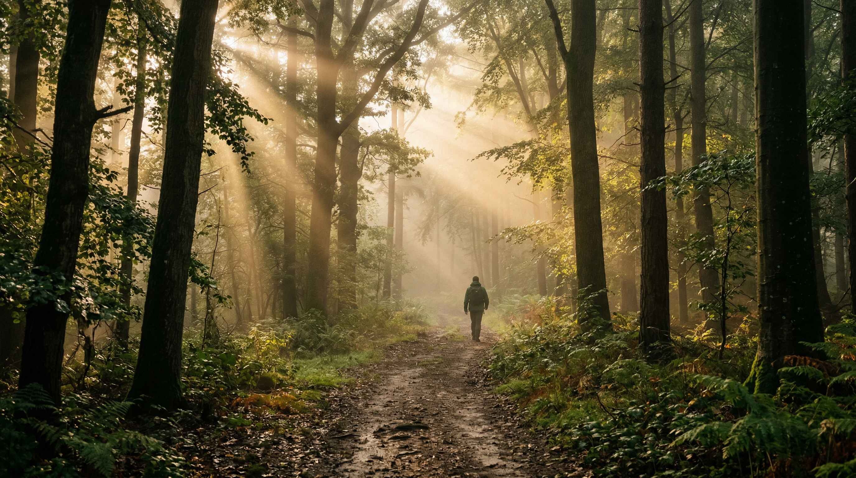 Misty forest path at dawn with soft morning light filtering through trees, perfectly capturing the ambient lo-fi atmosphere