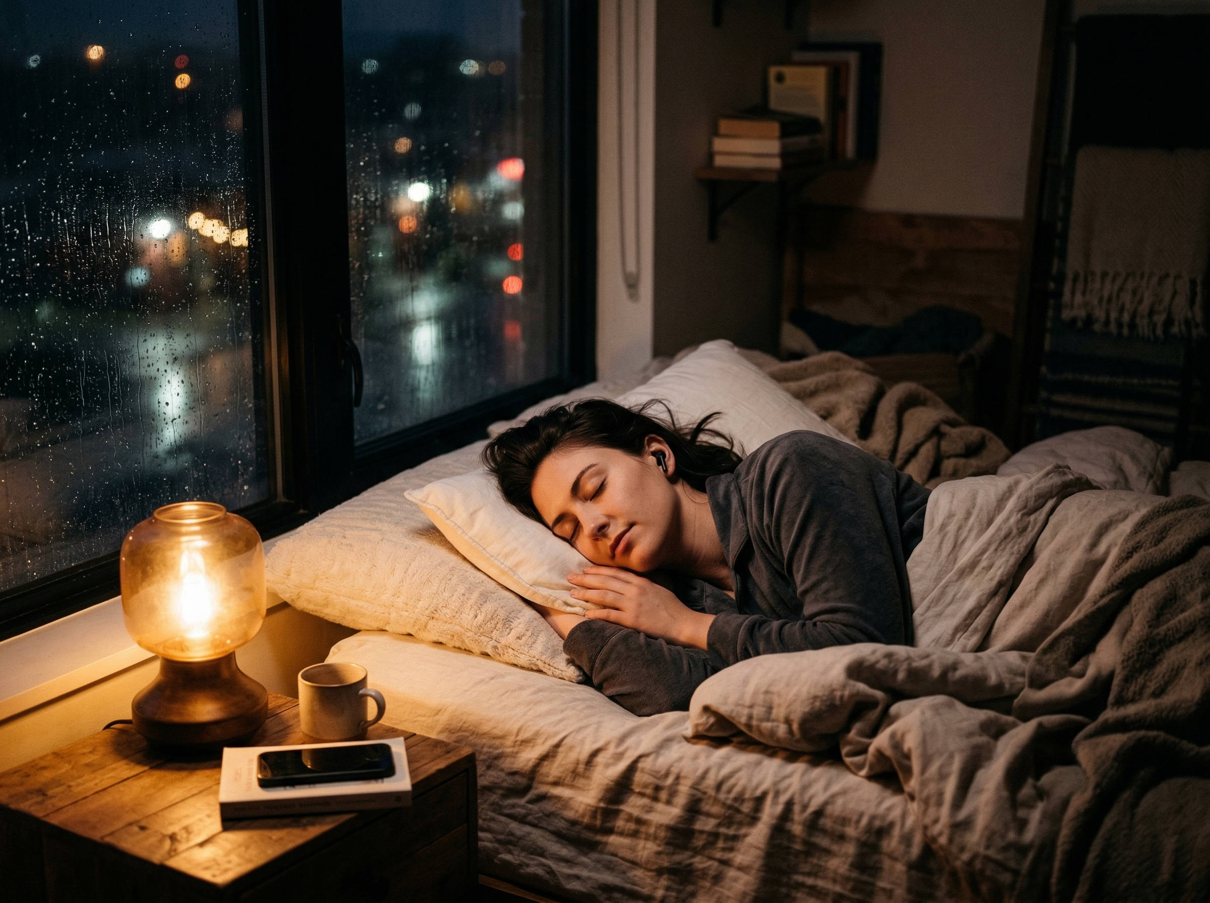 Peaceful bedroom at night with soft lamp glow, rain falling outside the window, and a person resting with headphones