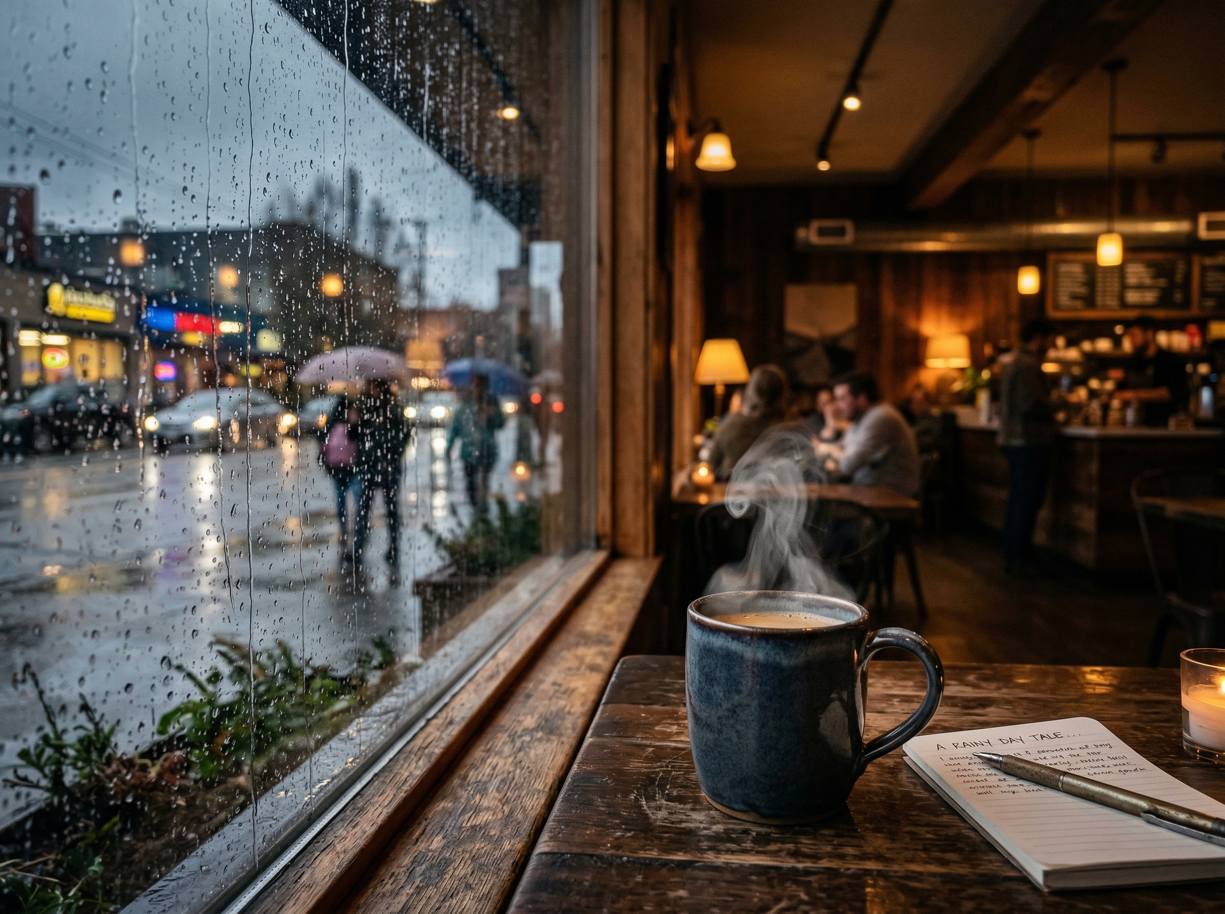 Rainy coffee shop window with steam rising from a mug, warm interior light, and the classic lo-fi ambient atmosphere