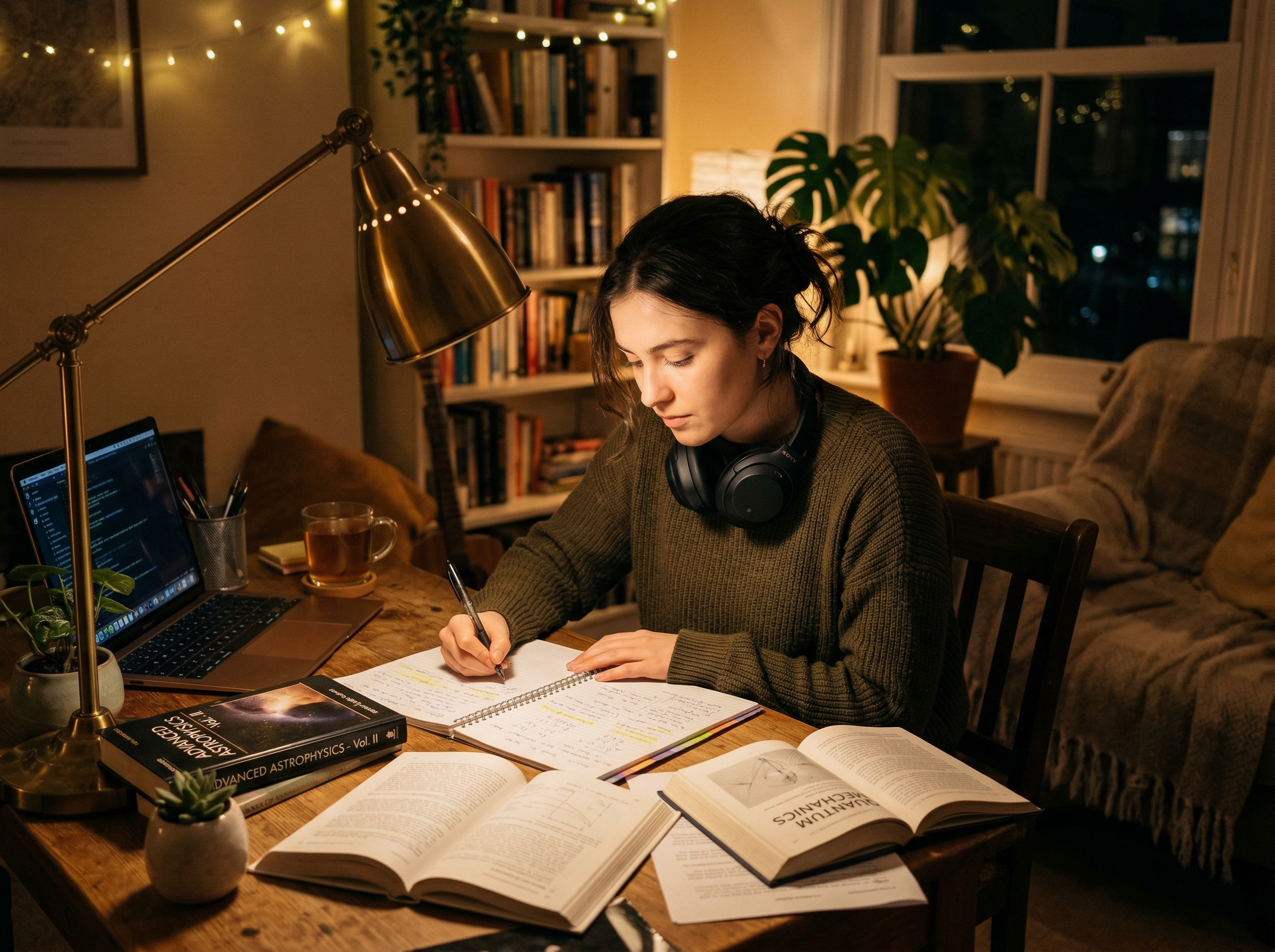 Student studying at a desk late at night with warm lamp light, open books, and headphones playing lo-fi music