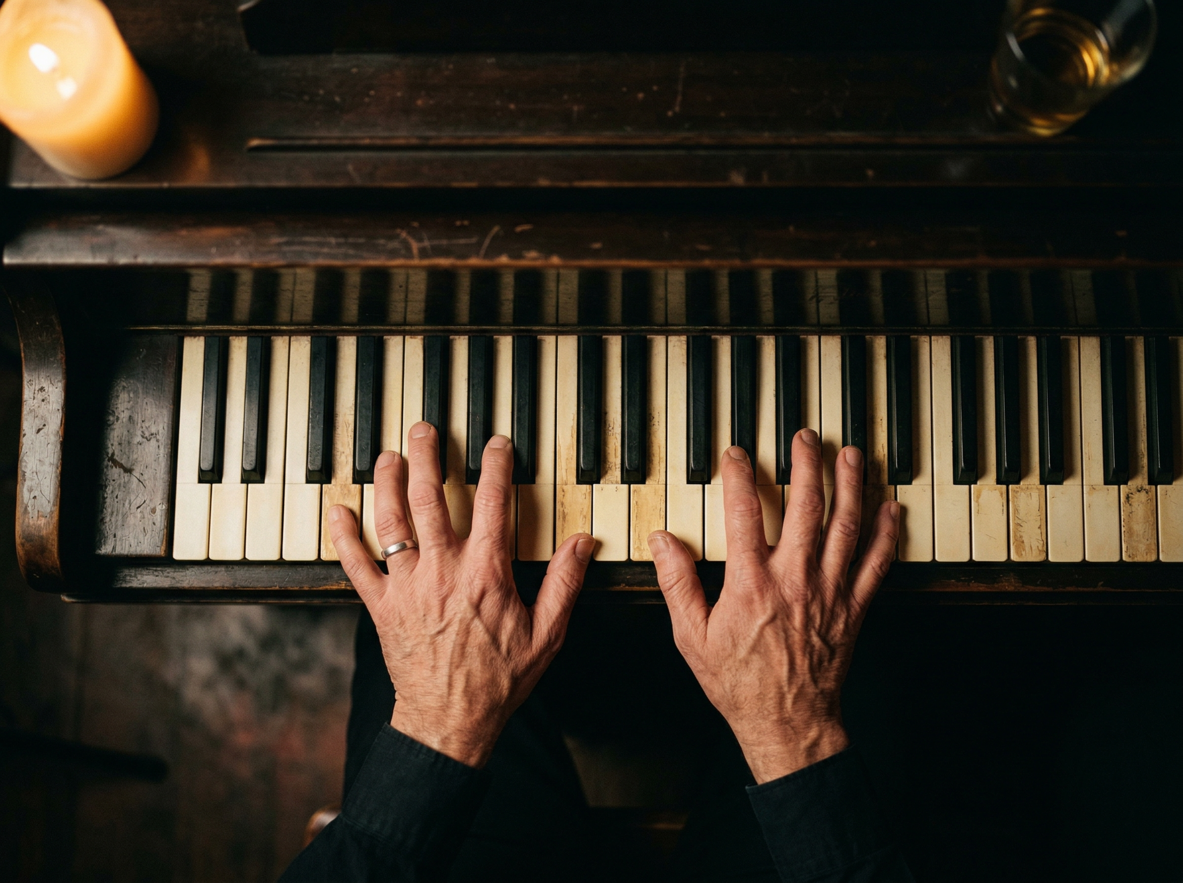 Top-down view of pianist hands playing soft jazz chords on a vintage upright piano in a dimly lit room