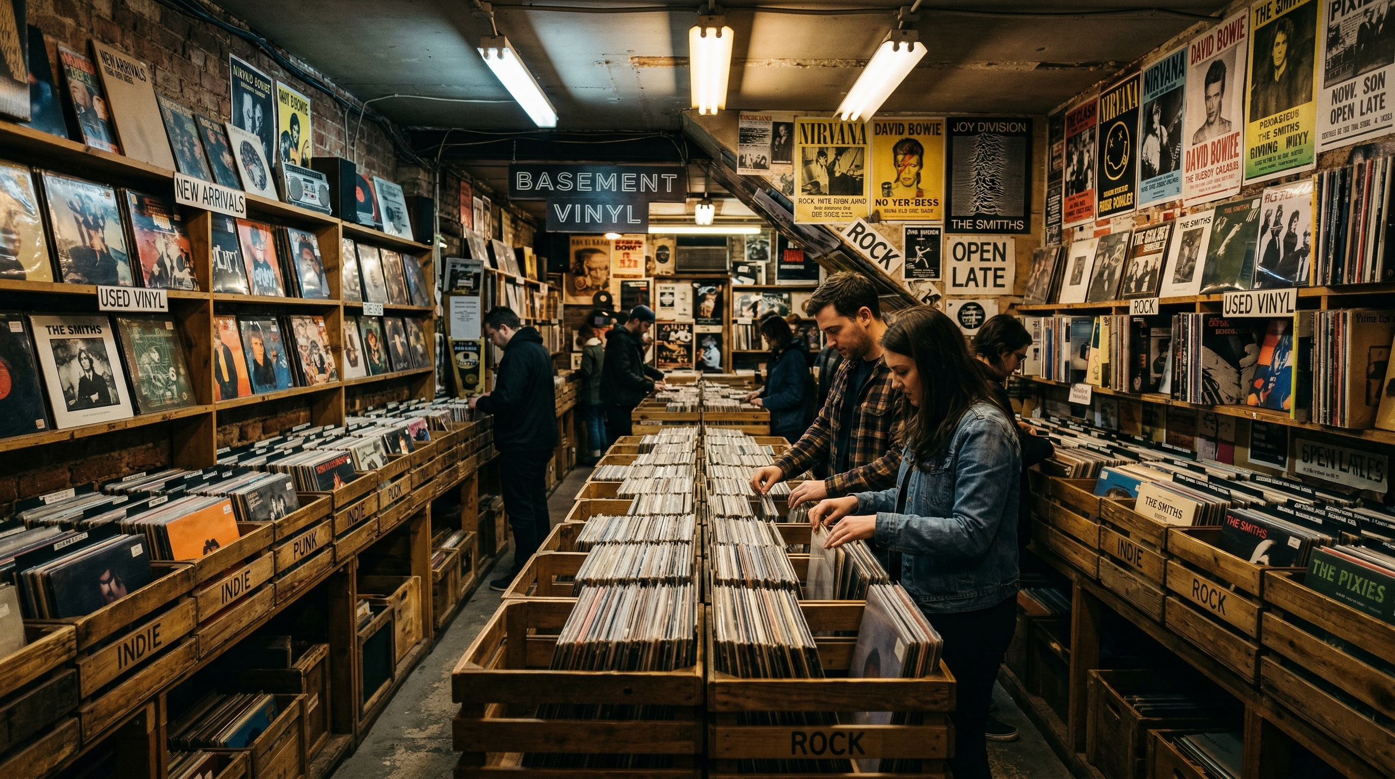 Underground record store with crates of vinyl records, dim fluorescent lighting, and the dusty crate-digging atmosphere of boom bap lo-fi