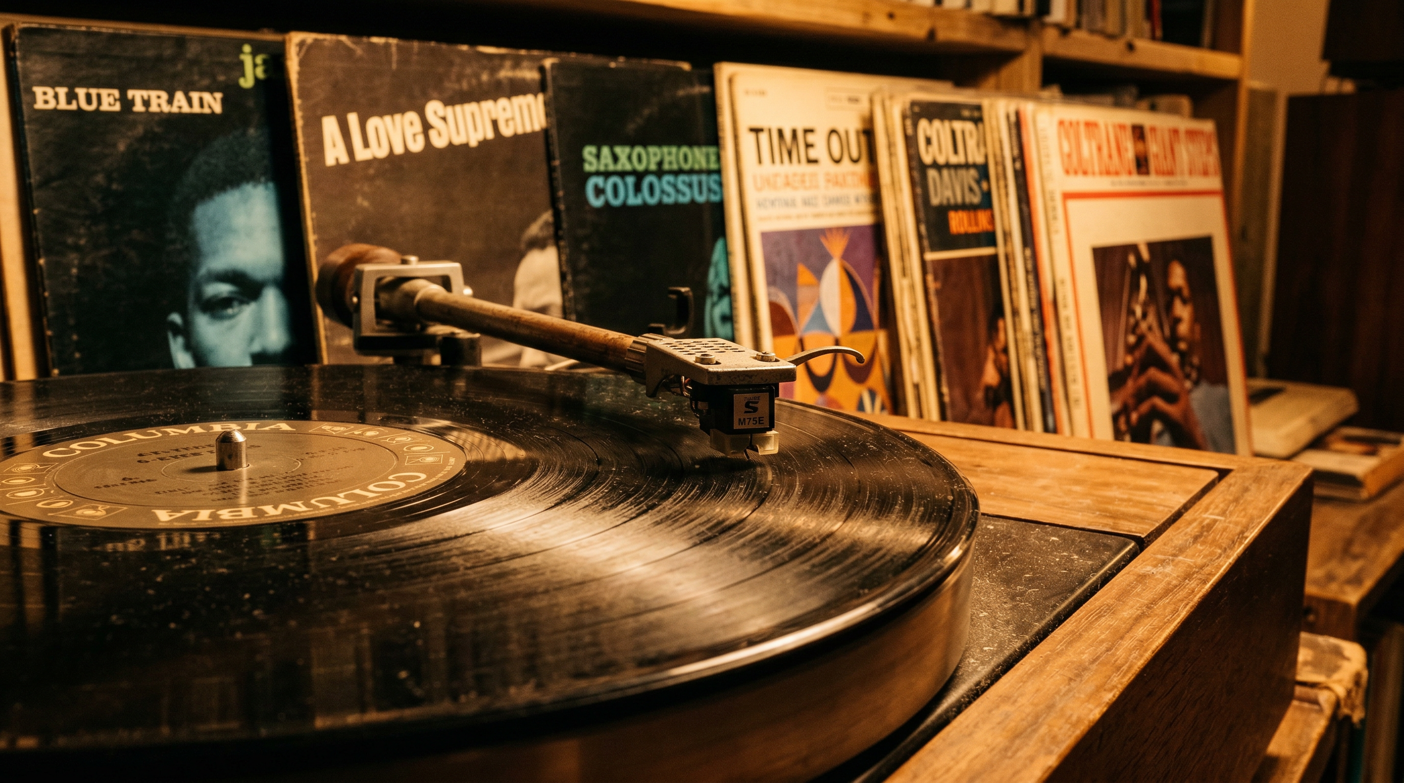 Vintage jazz record collection with warm vinyl tones, a turntable stylus dropping onto a dusty groove in low amber light