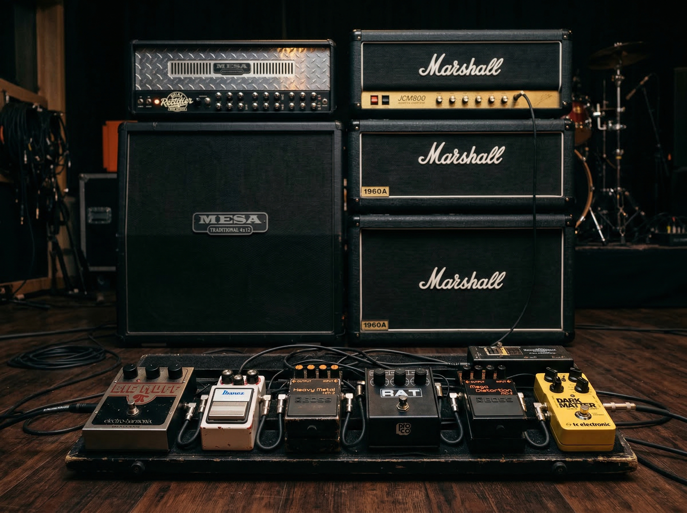 Array of guitar amplifiers and pedals representing different metal subgenre tones