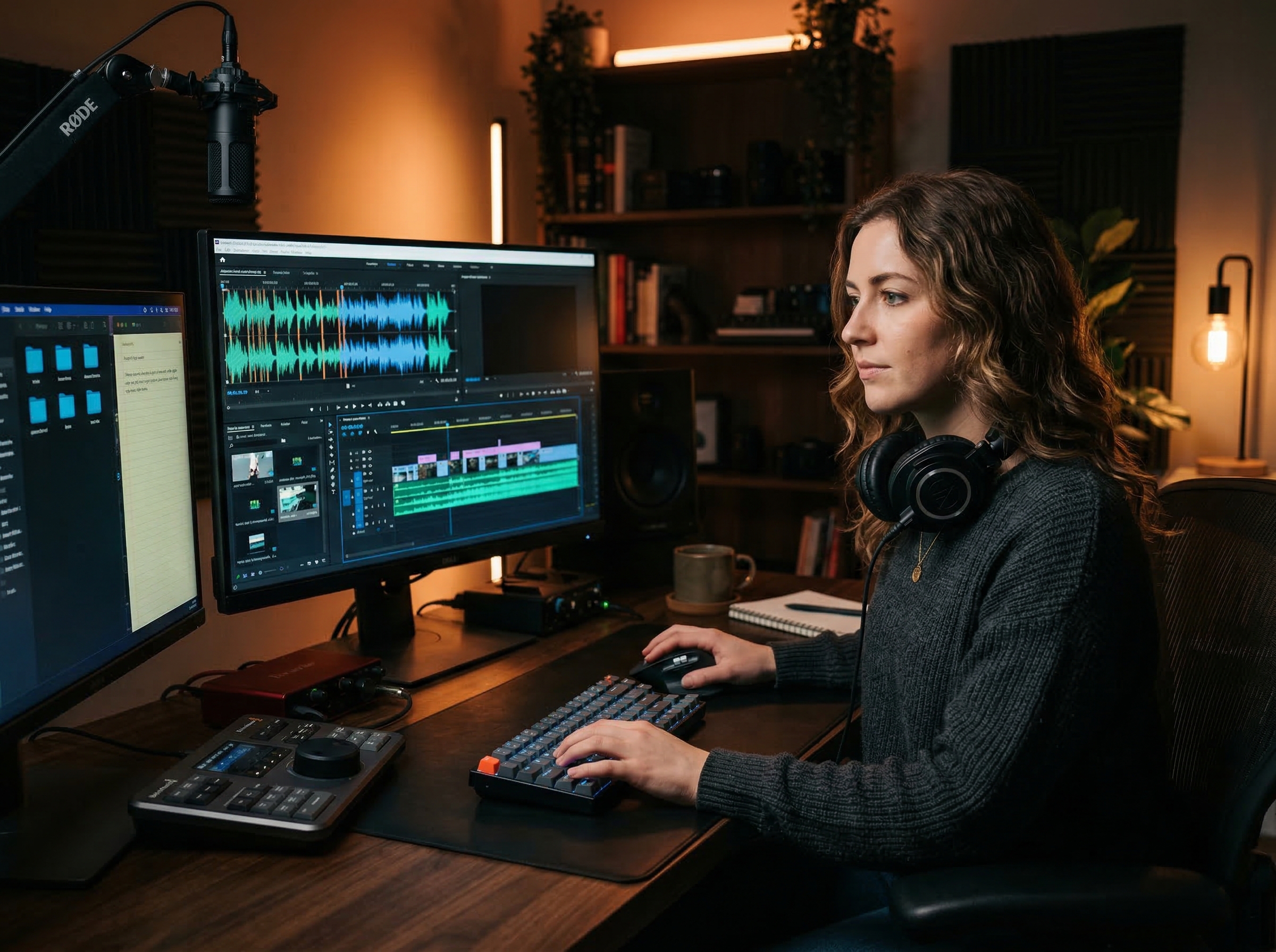 Content creator editing a video project with metal waveforms visible in the timeline