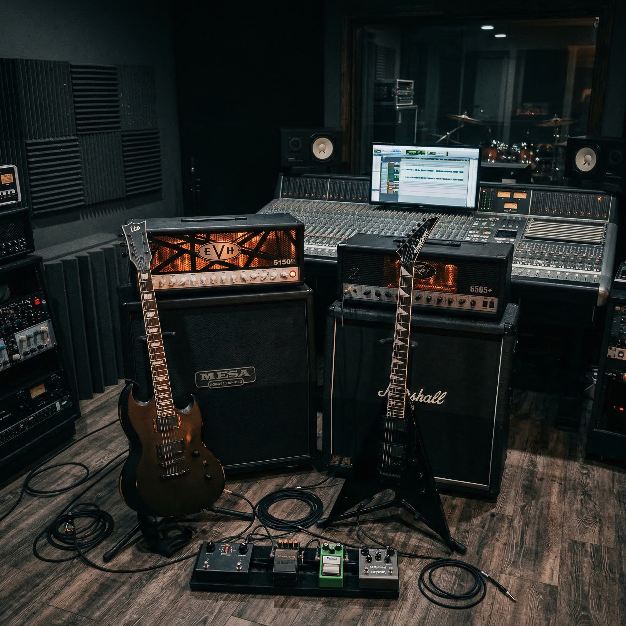 Dark recording studio with electric guitars and amplifiers ready for AI metal music generation