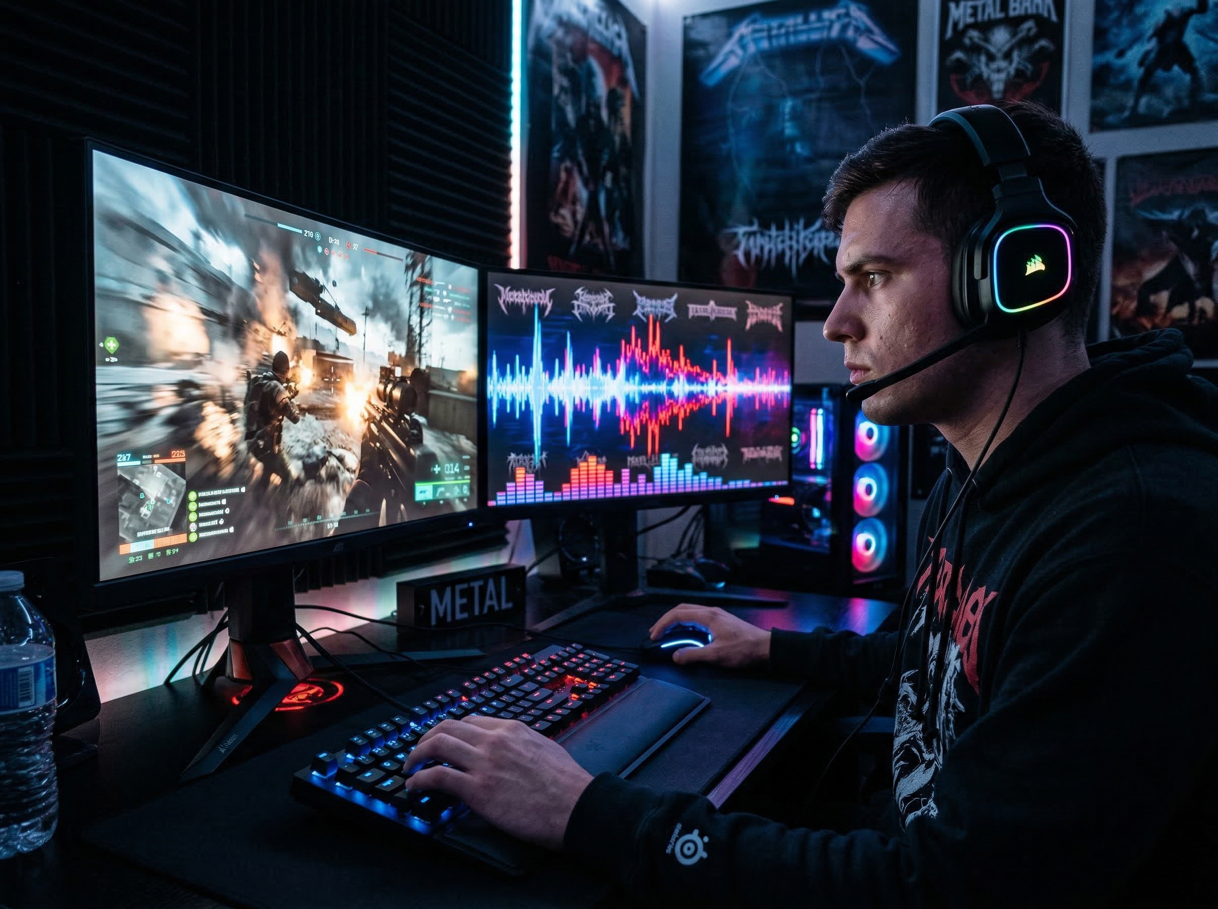 Gamer at a dual-monitor setup with metal music visualizer playing during an intense gaming session