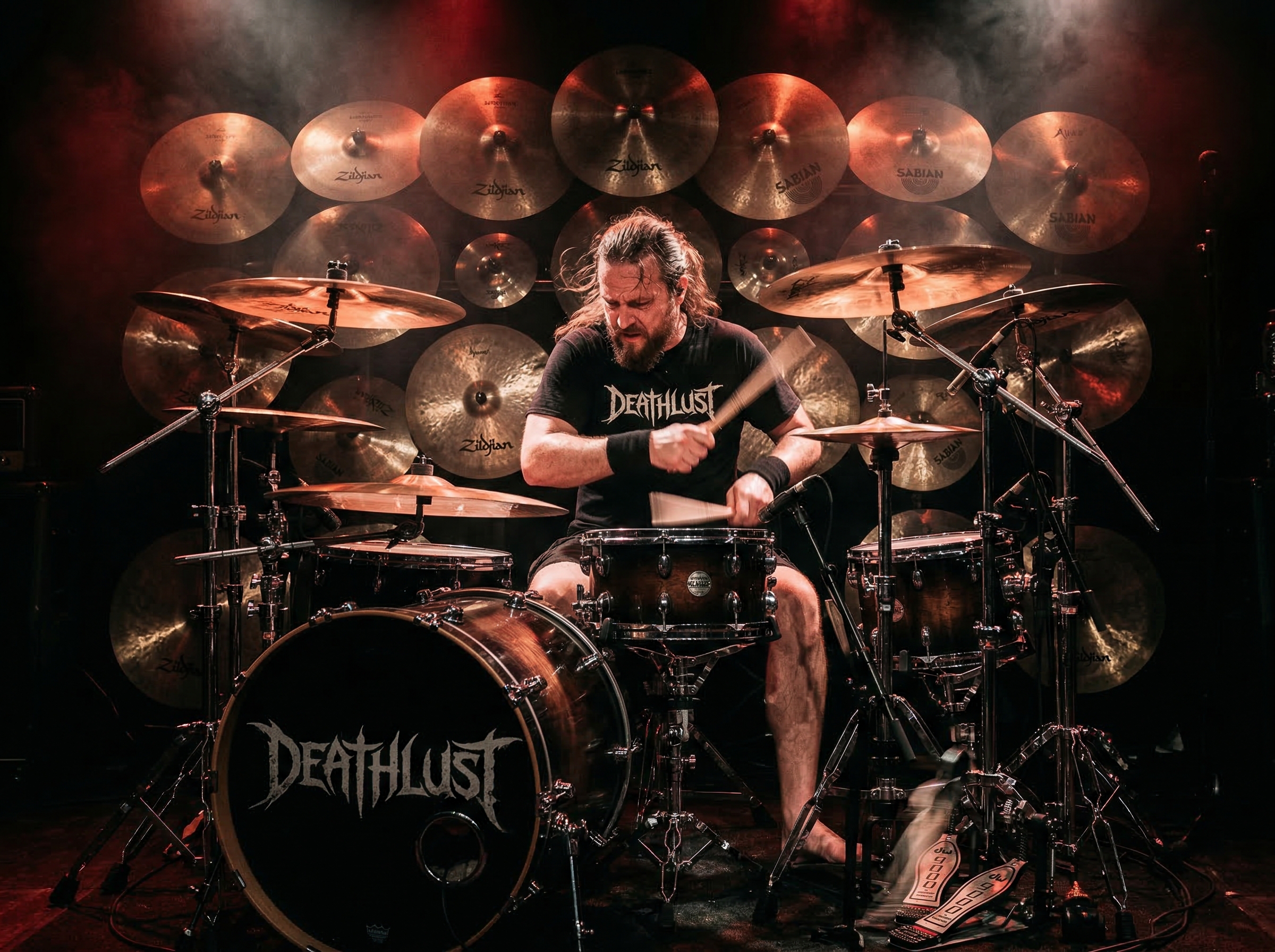 Metal drummer performing blast beats with double bass pedals and a wall of cymbals