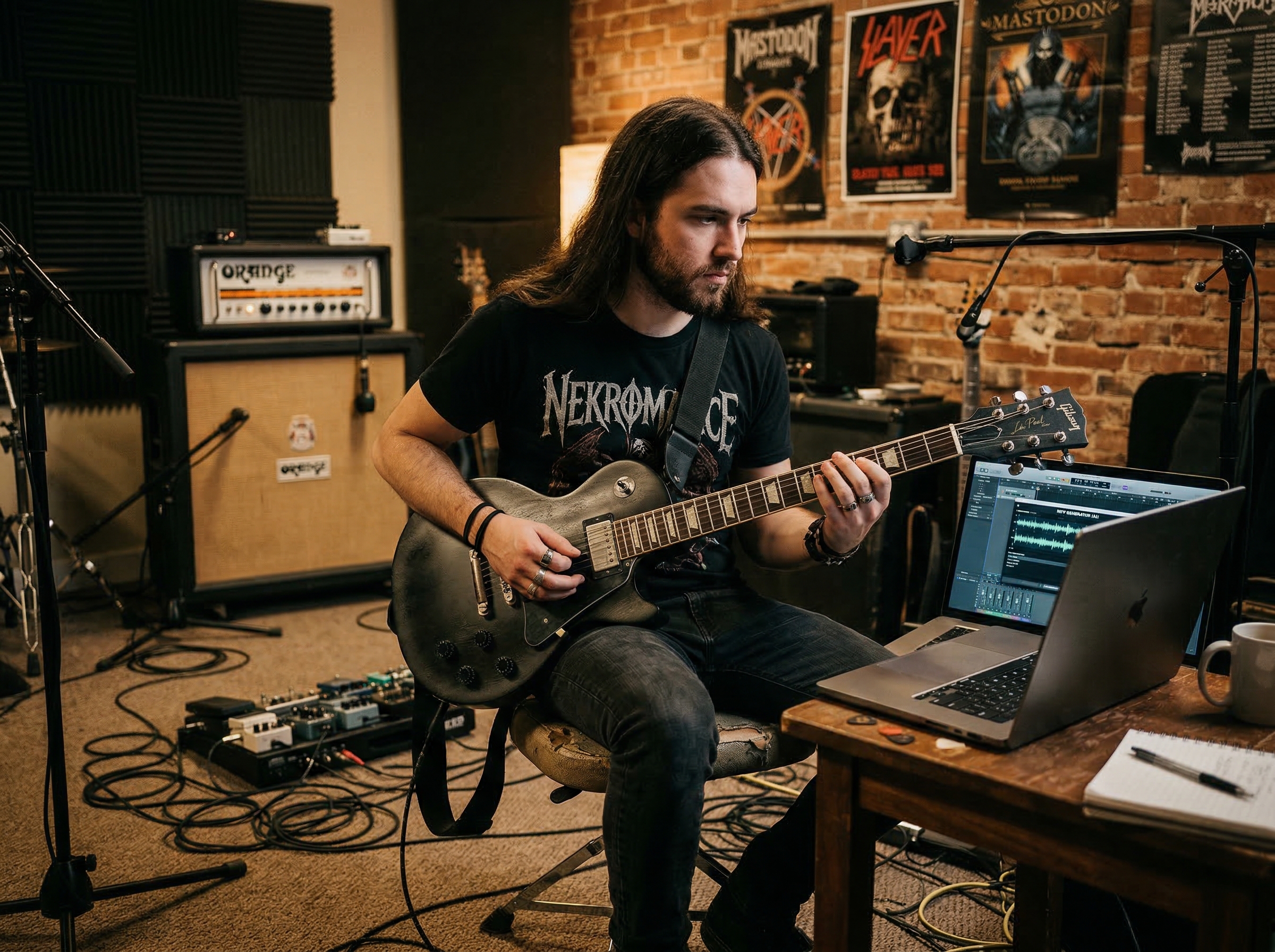 Metal guitarist in a rehearsal room reviewing AI-generated riff ideas on a laptop screen