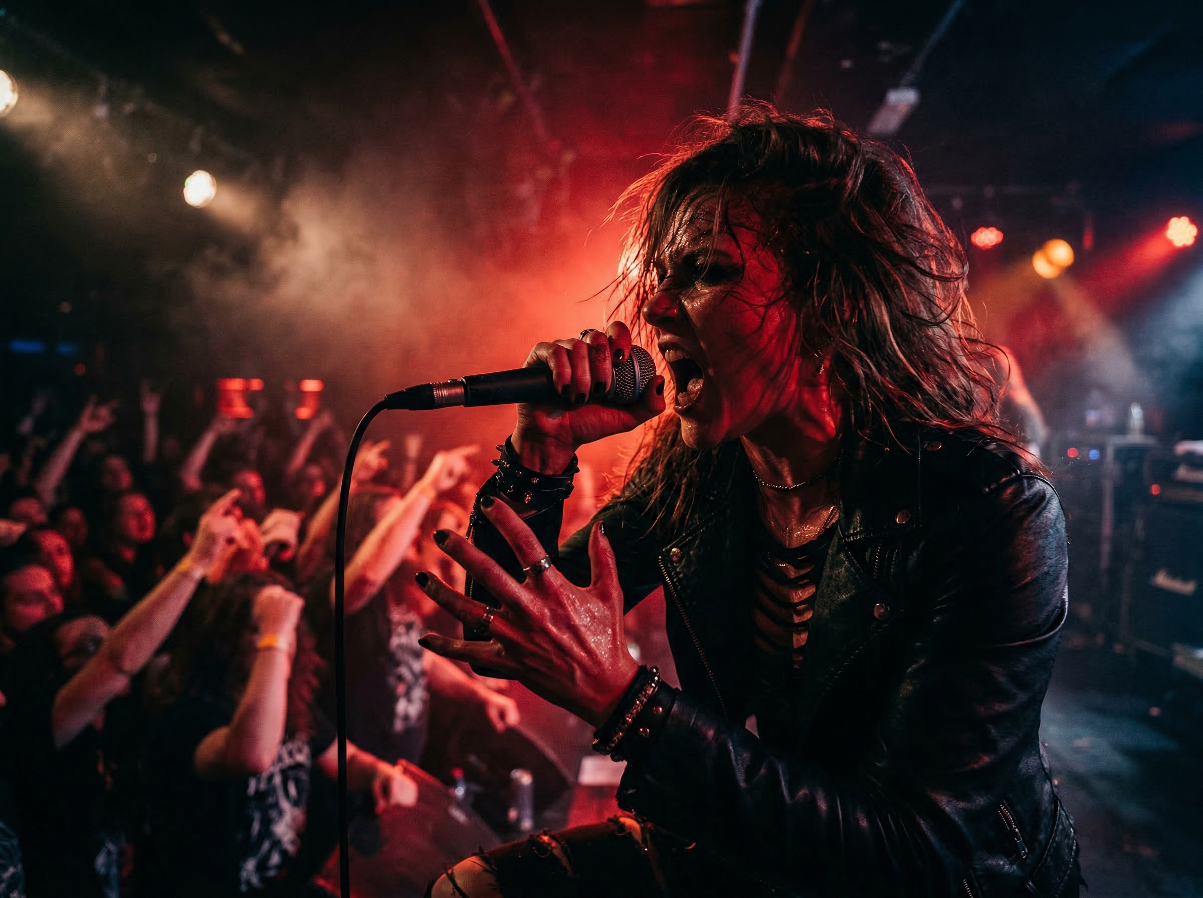 Metal vocalist performing with extreme vocal technique in a dark concert setting