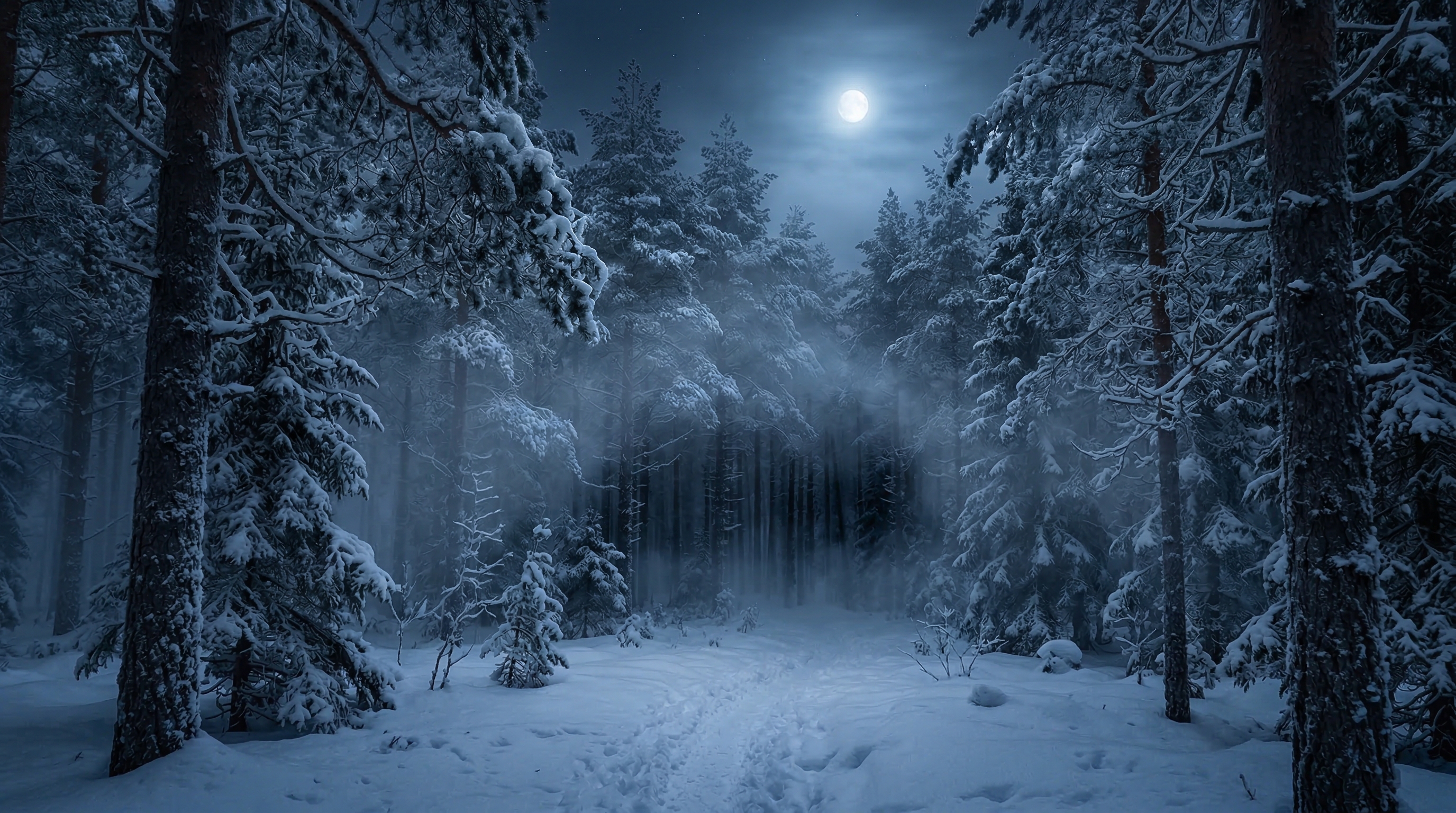 Frozen Nordic forest landscape at night with mist, evoking black metal atmosphere
