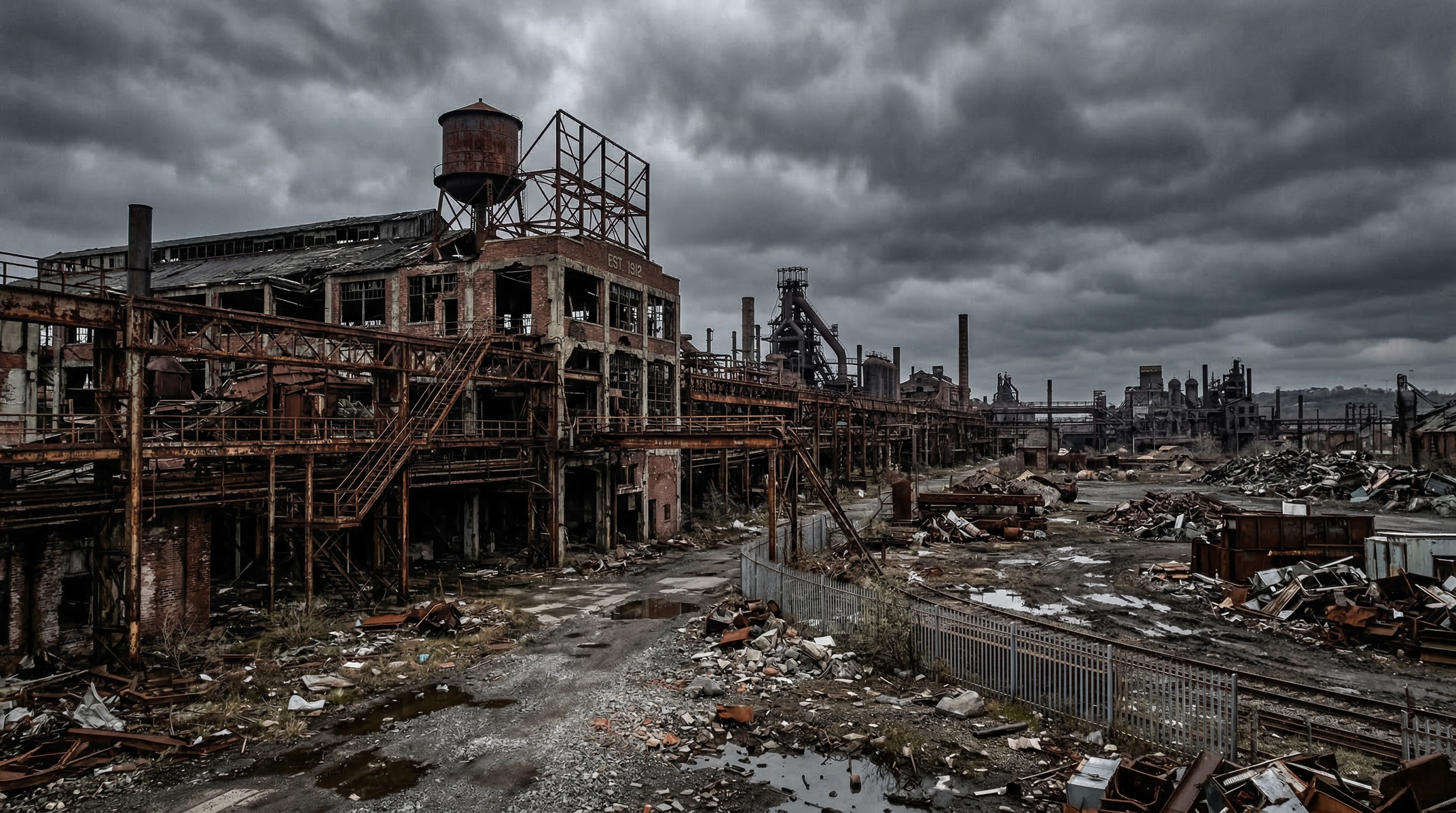 Desolate industrial wasteland under heavy overcast sky representing doom metal atmosphere
