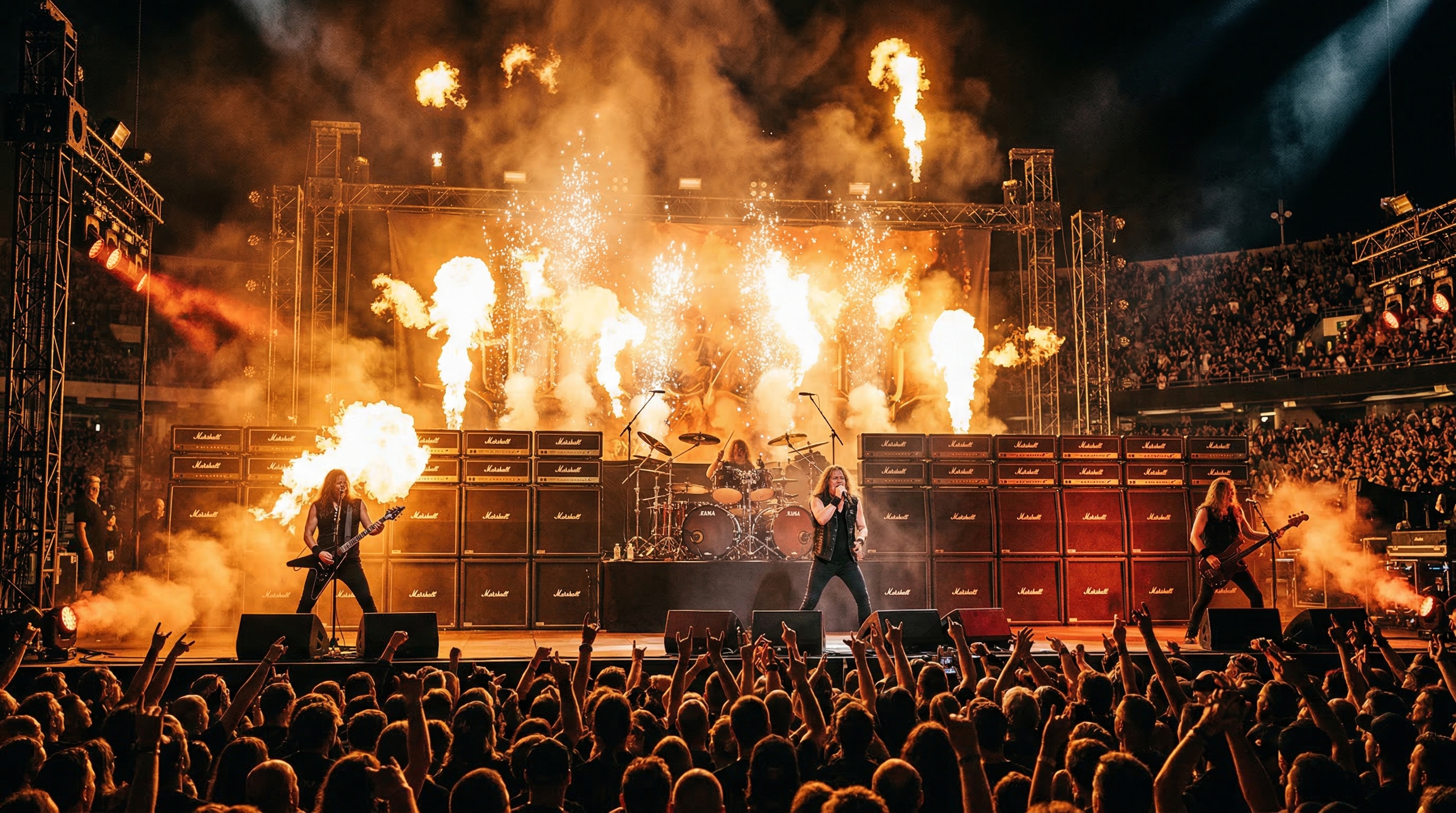 Massive concert stage with pyrotechnics and a wall of Marshall amplifiers representing classic Heavy Metal