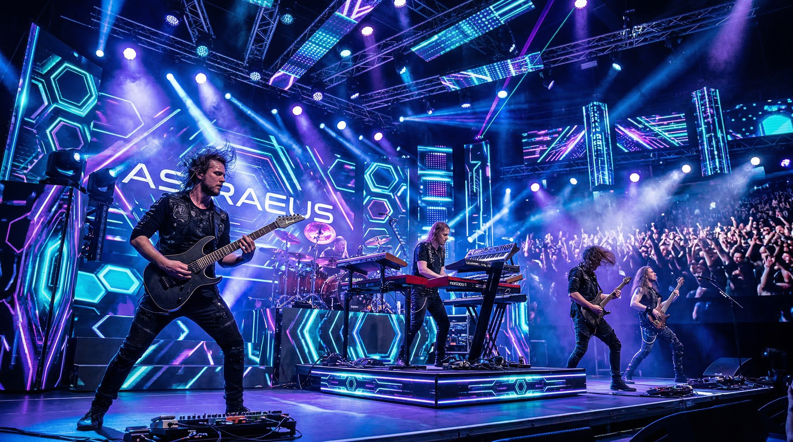 Futuristic stage setup with complex lighting rigs and multi-instrument progressive metal performance