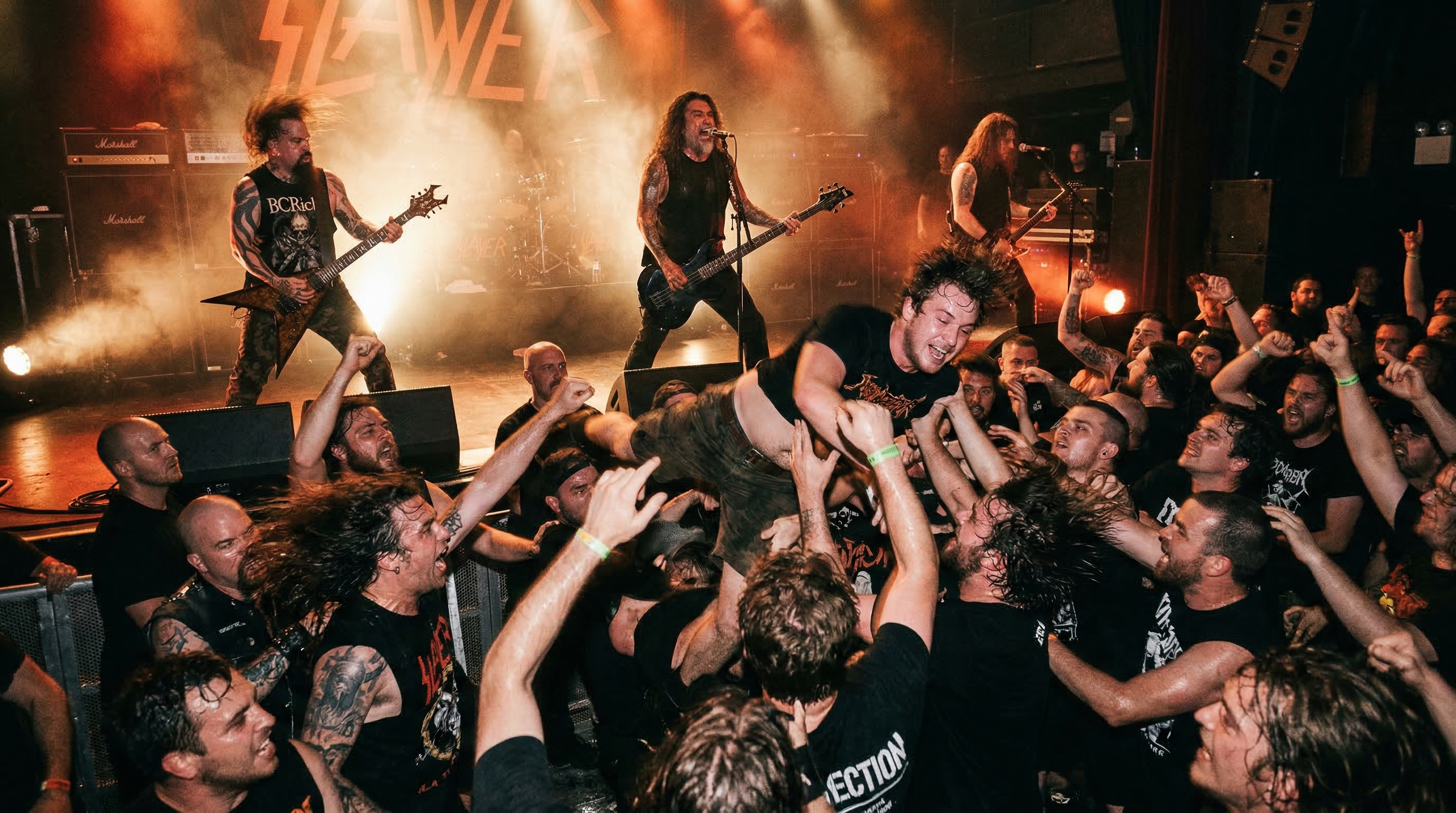 Mosh pit energy at a thrash metal concert with stage diving and raw intensity
