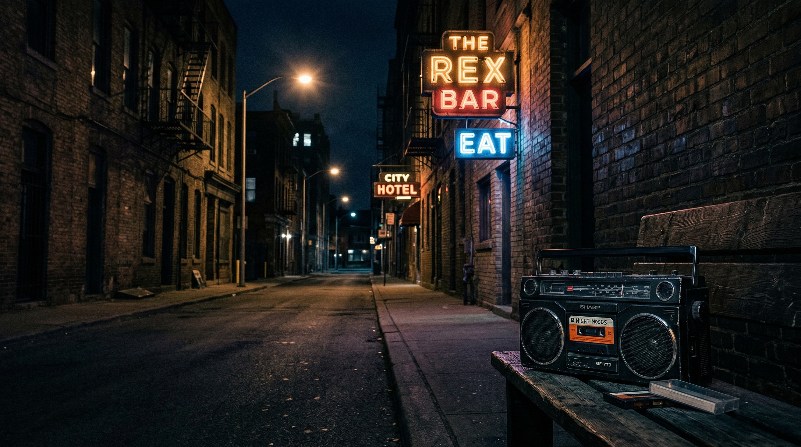 Dark Memphis streetscape at night with lo-fi tape deck and vinyl records representing OG phonk culture