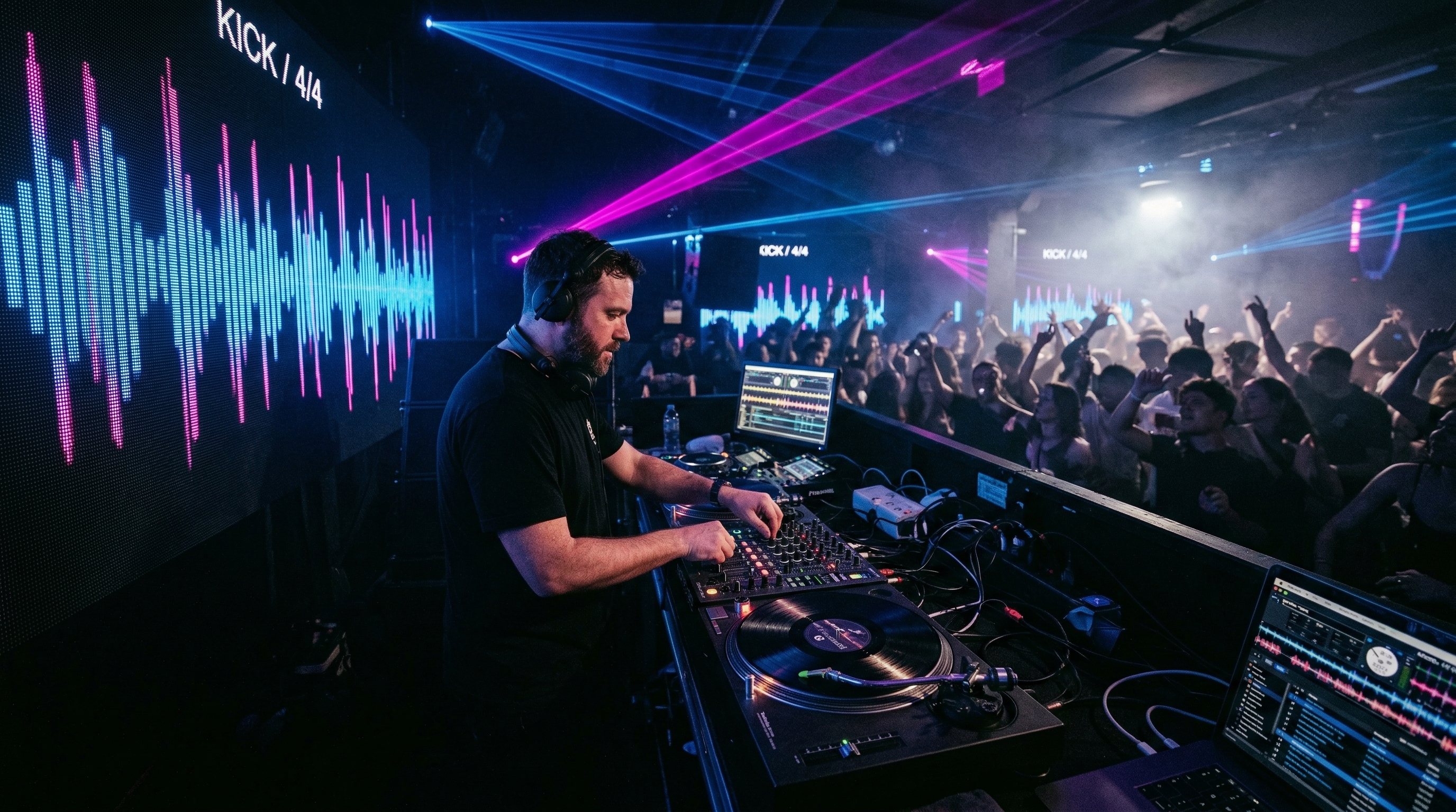 DJ booth in a dark club with phonk-style cowbell waveforms and house music four-on-the-floor kick pattern